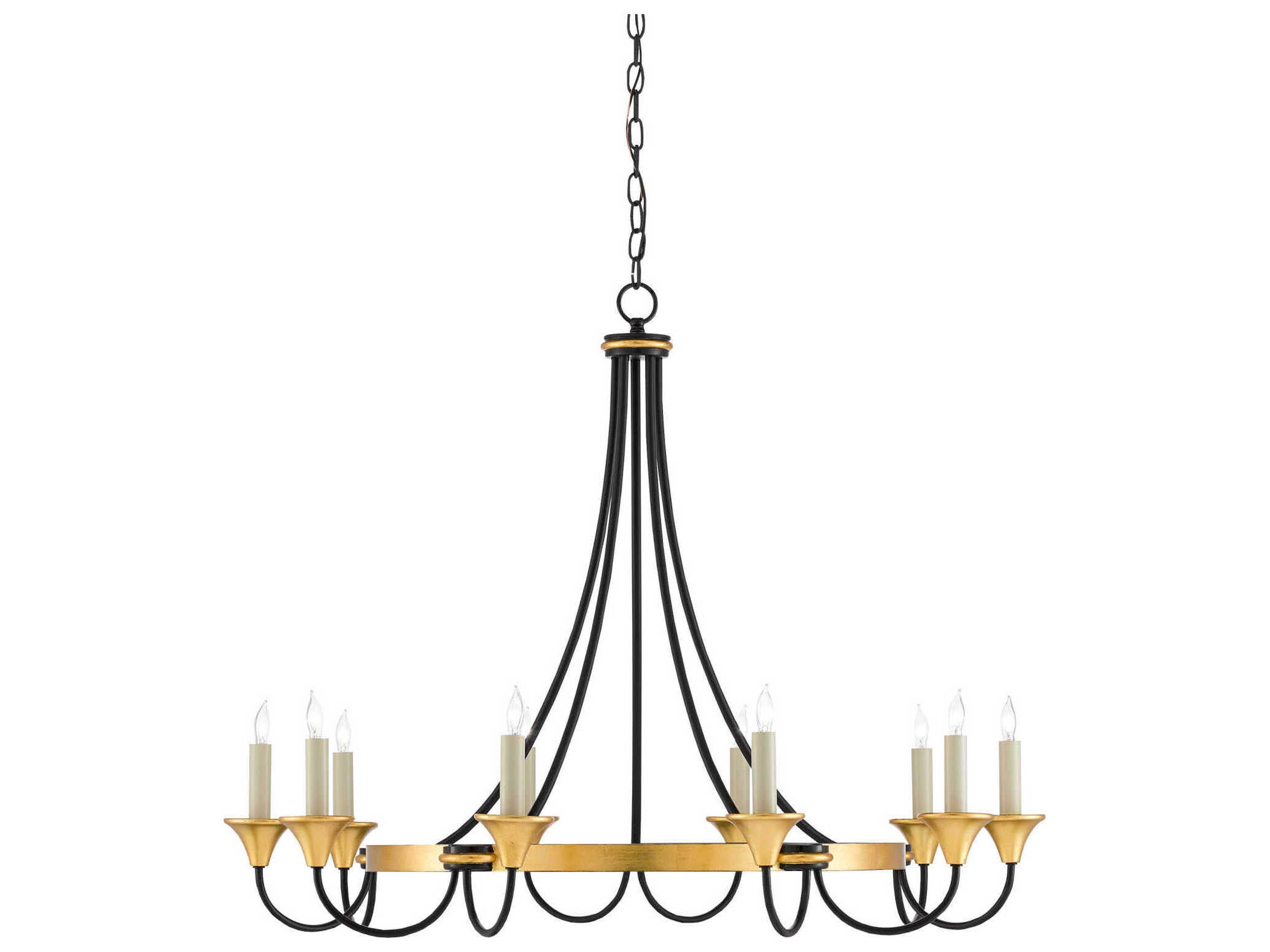 Currey & Company Hanlon 10-Light Washed Black Contemporary Gold Leaf Candelabra Round Chandelier