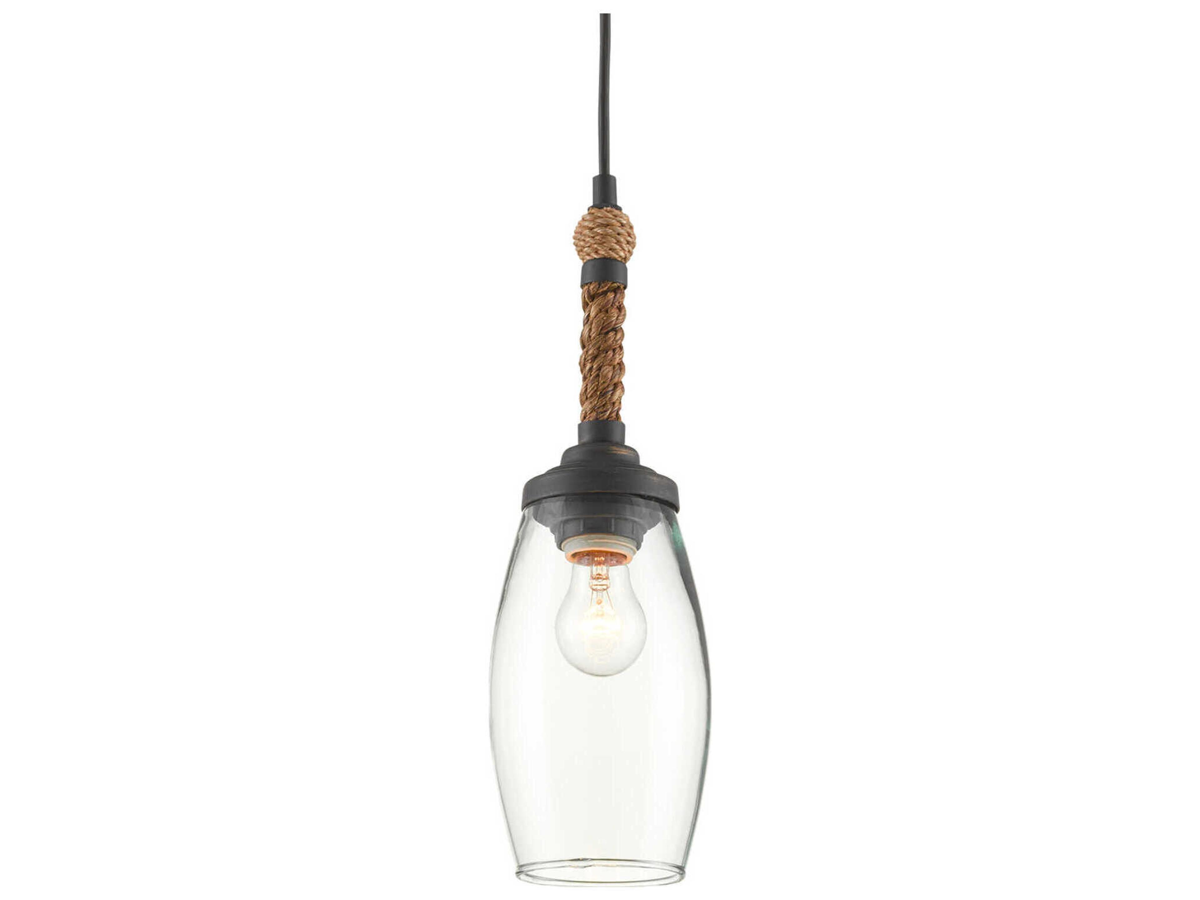 Currey & Company Hightider 1-Light French Black Natural Rope Brown Glass Mini Pendant