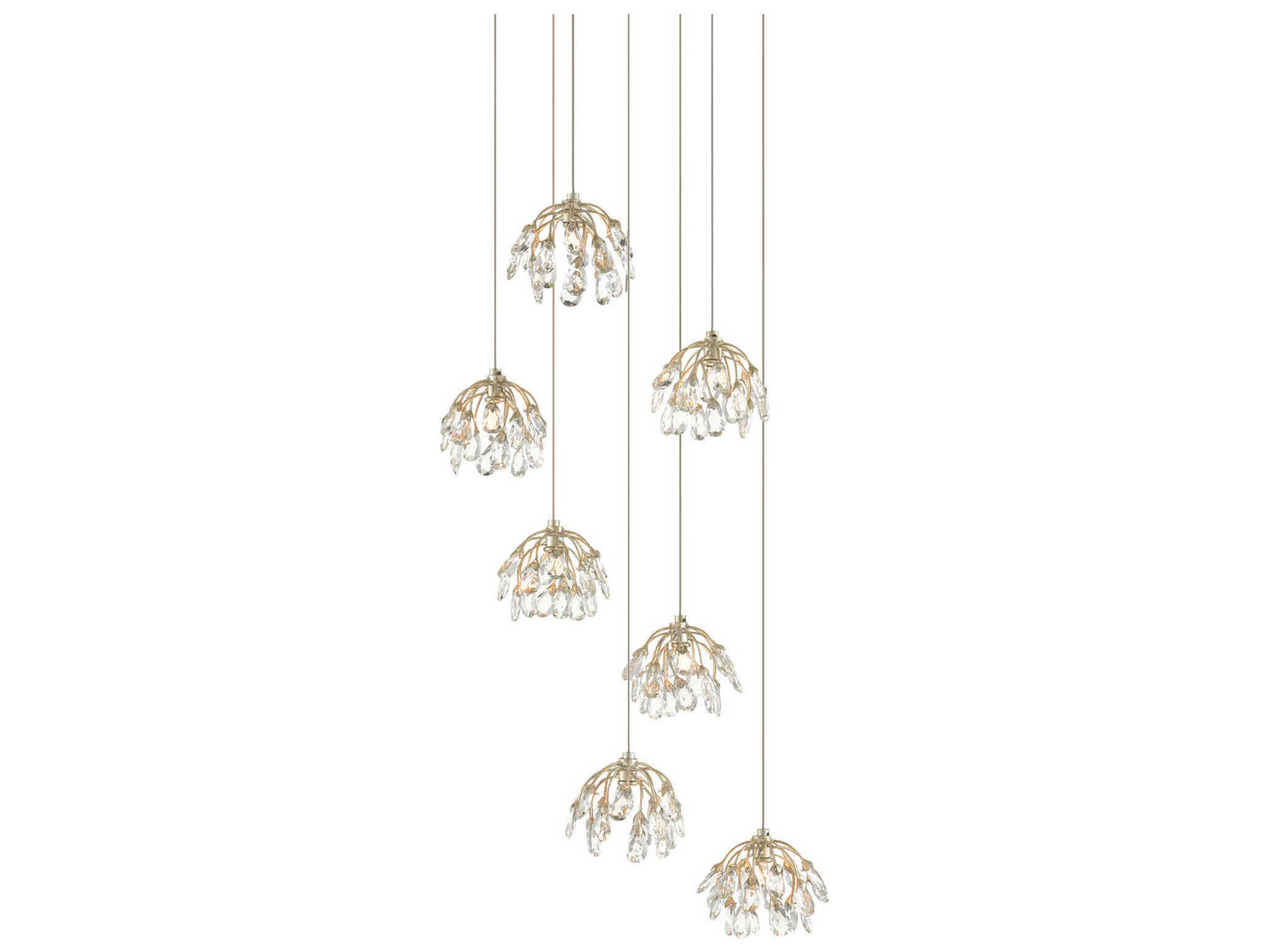 Currey & Company Crystal Bud 7-Light Painted Silver Bell Pendant
