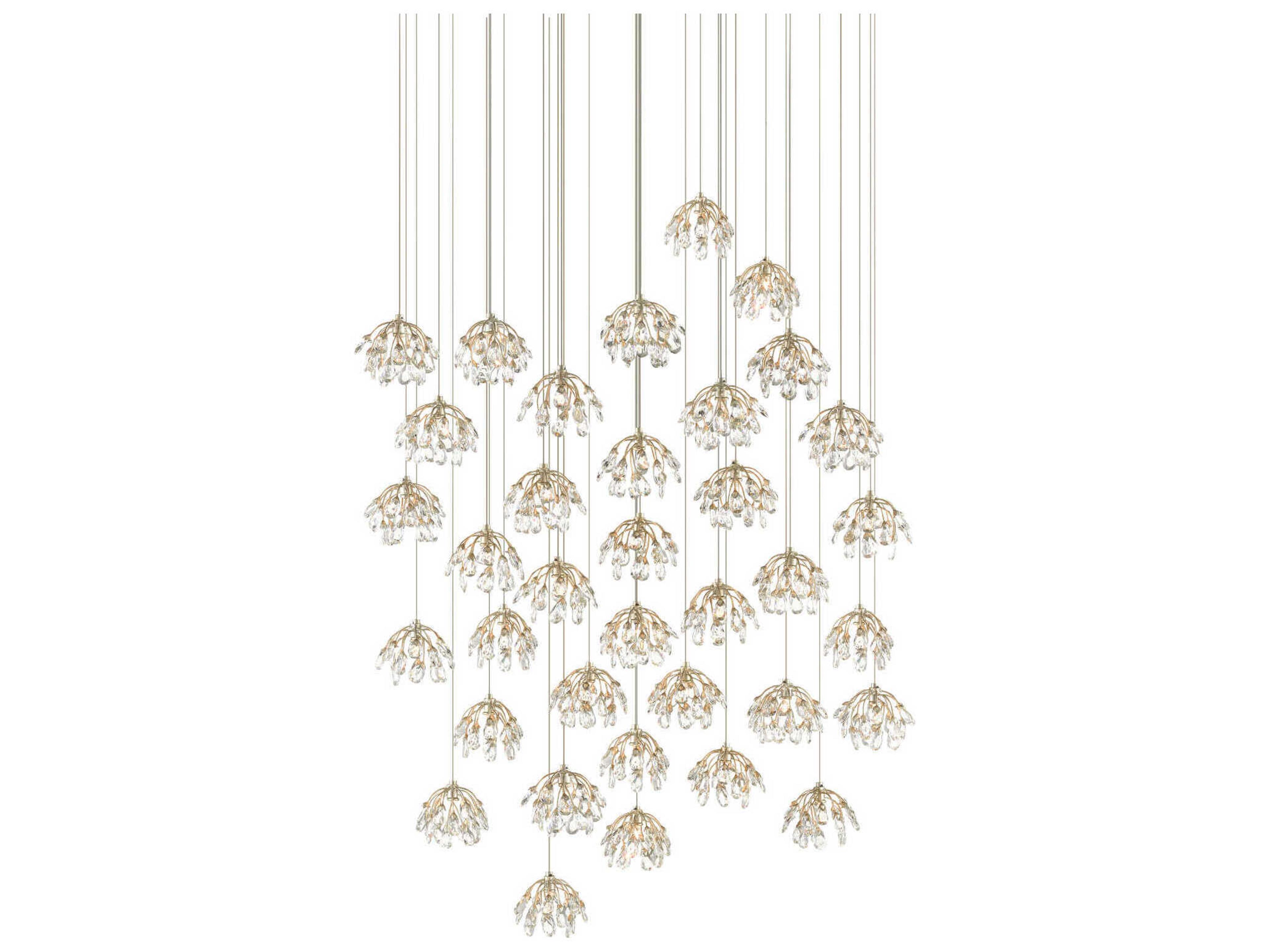 Currey & Company Crystal Bud 36-Light Painted Silver Bell Pendant