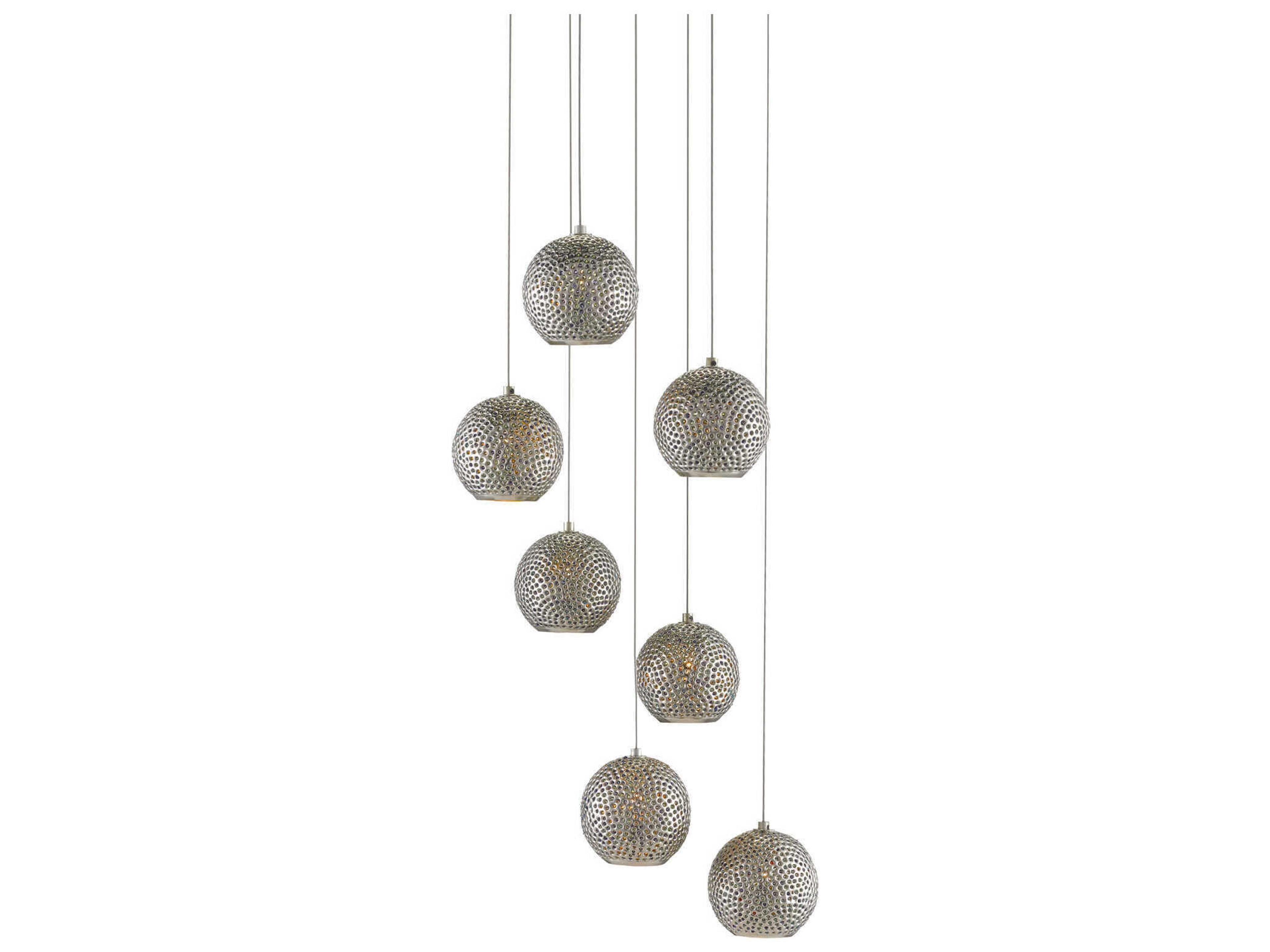 Currey & Company Giro 7-Light Painted Silver Nickel Blue Glass Globe Pendant