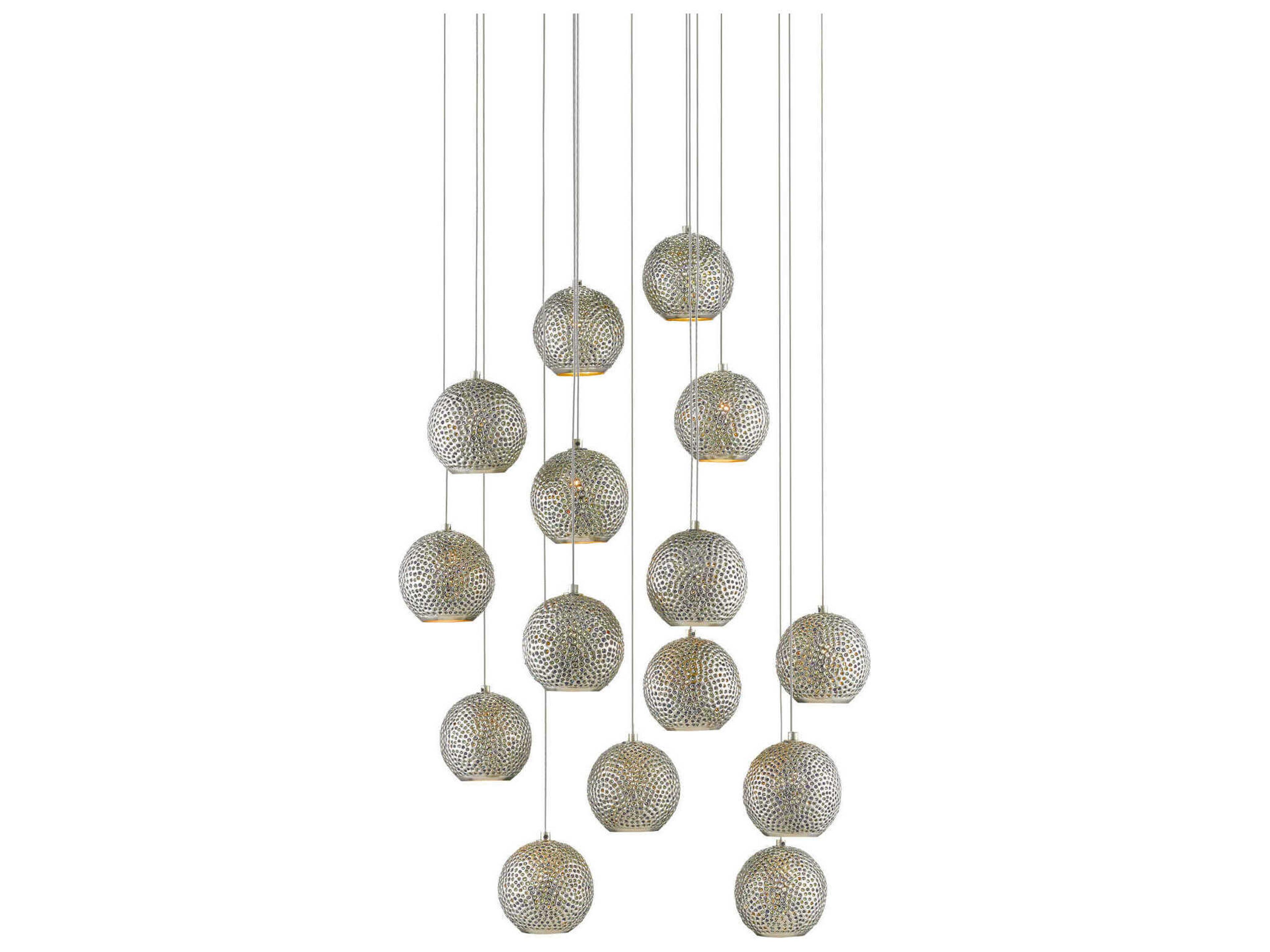 Currey & Company Giro 15-Light Painted Silver Nickel Blue Glass Globe Pendant