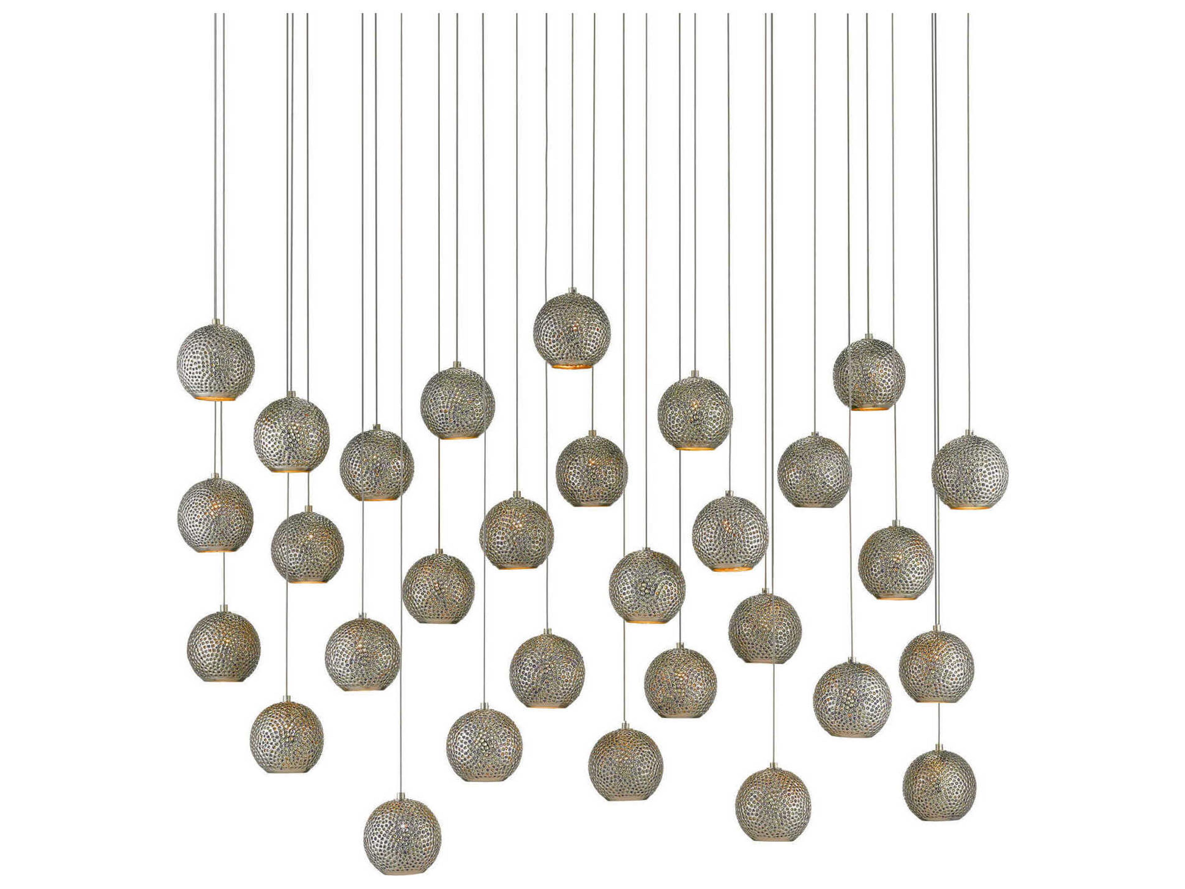 Currey & Company Giro 30-Light Painted Silver Nickel Blue Glass Globe Island Pendant