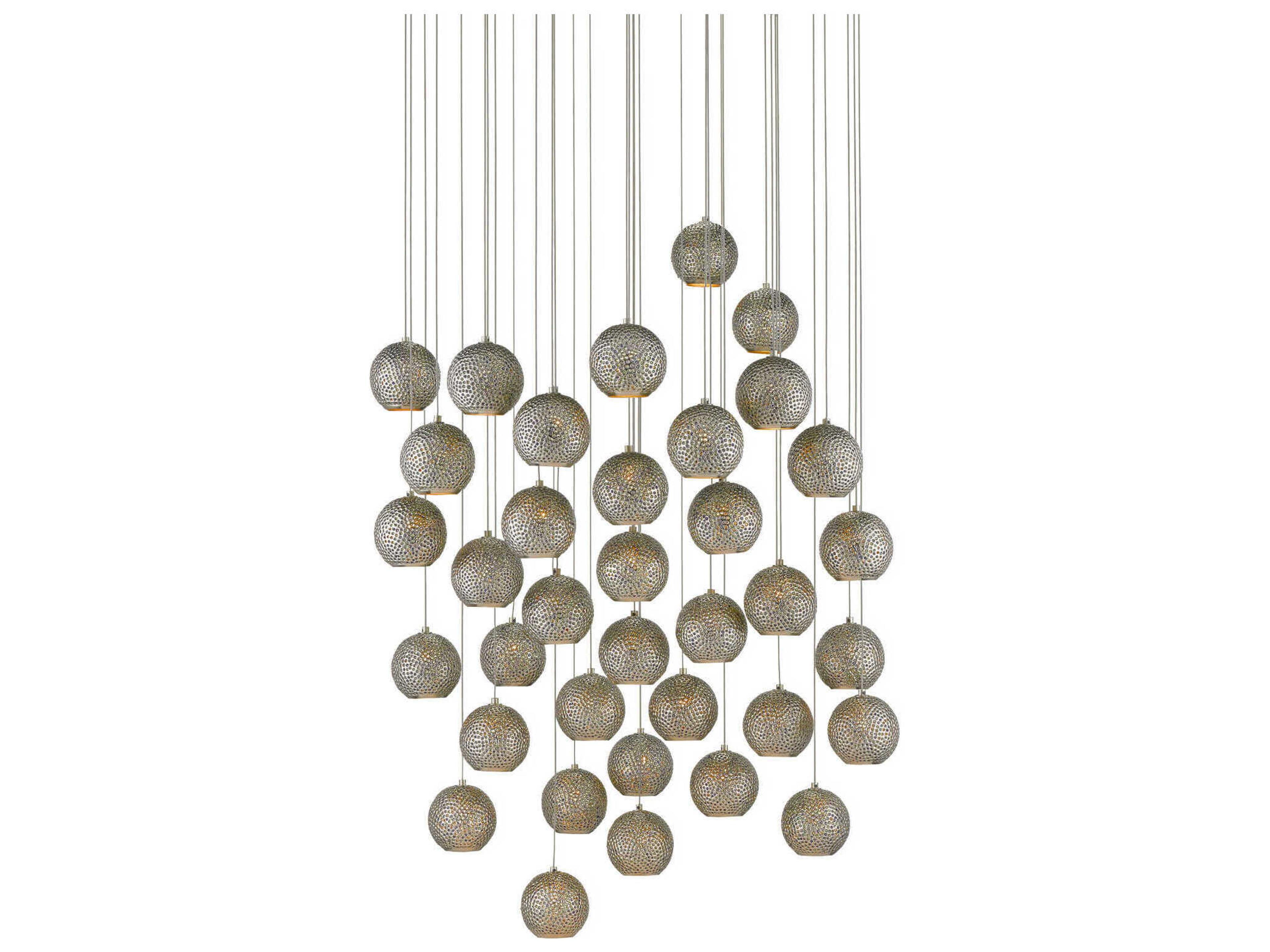 Currey & Company Giro 36-Light Painted Silver Nickel Blue Glass Globe Pendant