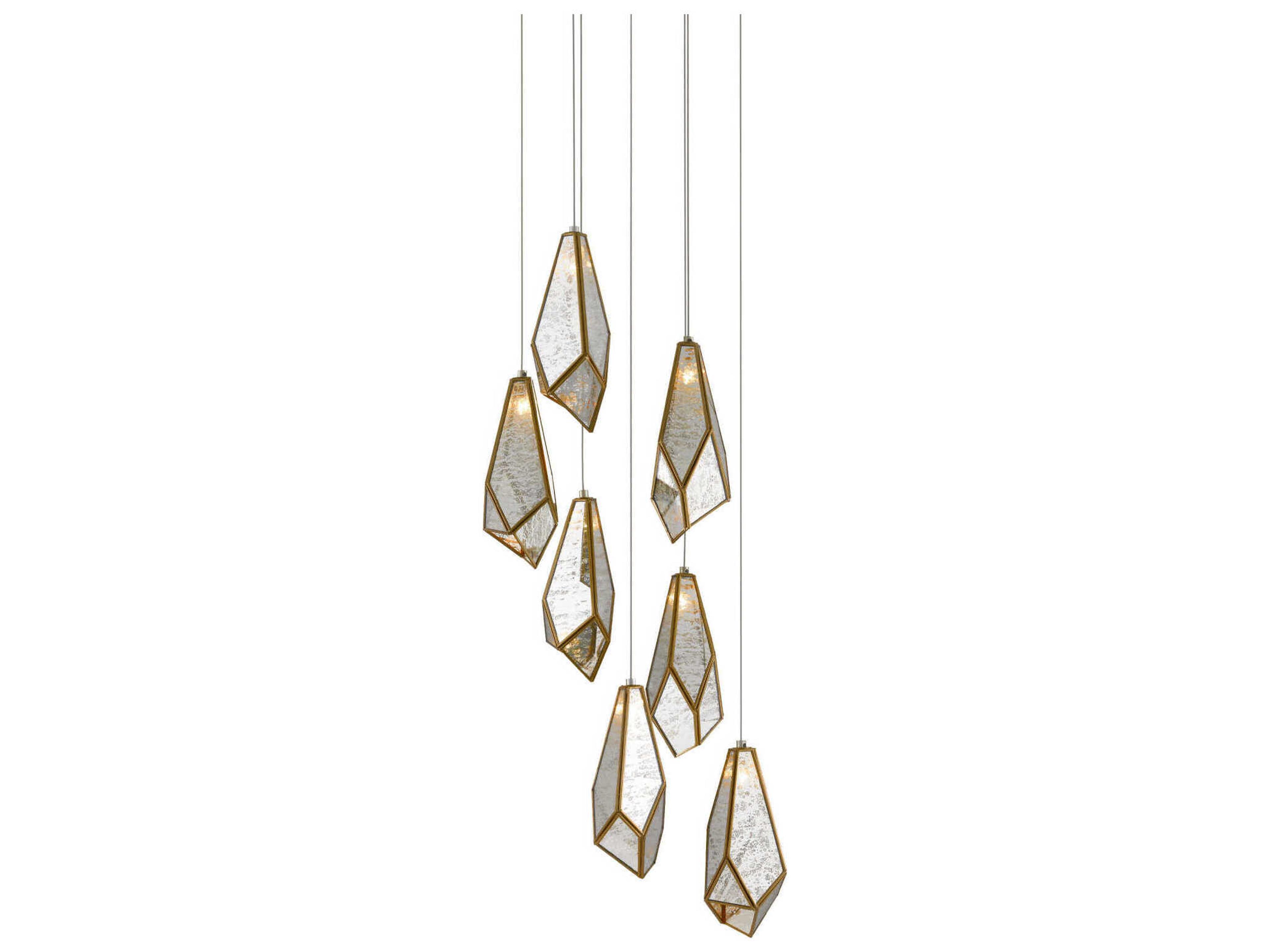 Currey & Company Glace 7-Light Painted Silver Antique Brass Glass Pendant