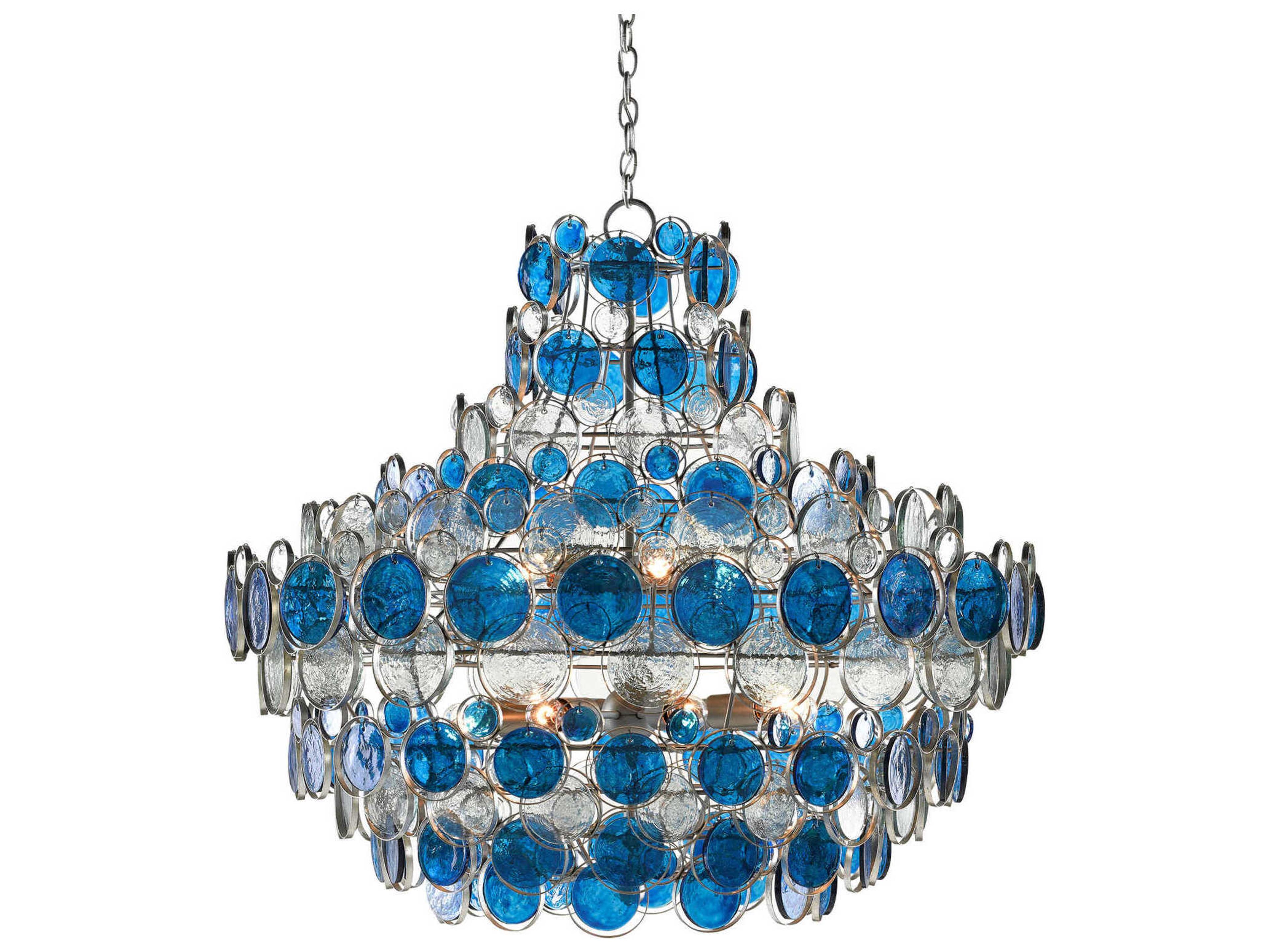 Currey & Company Galahad 12-Light Painted Silver Blue Glass Chandelier