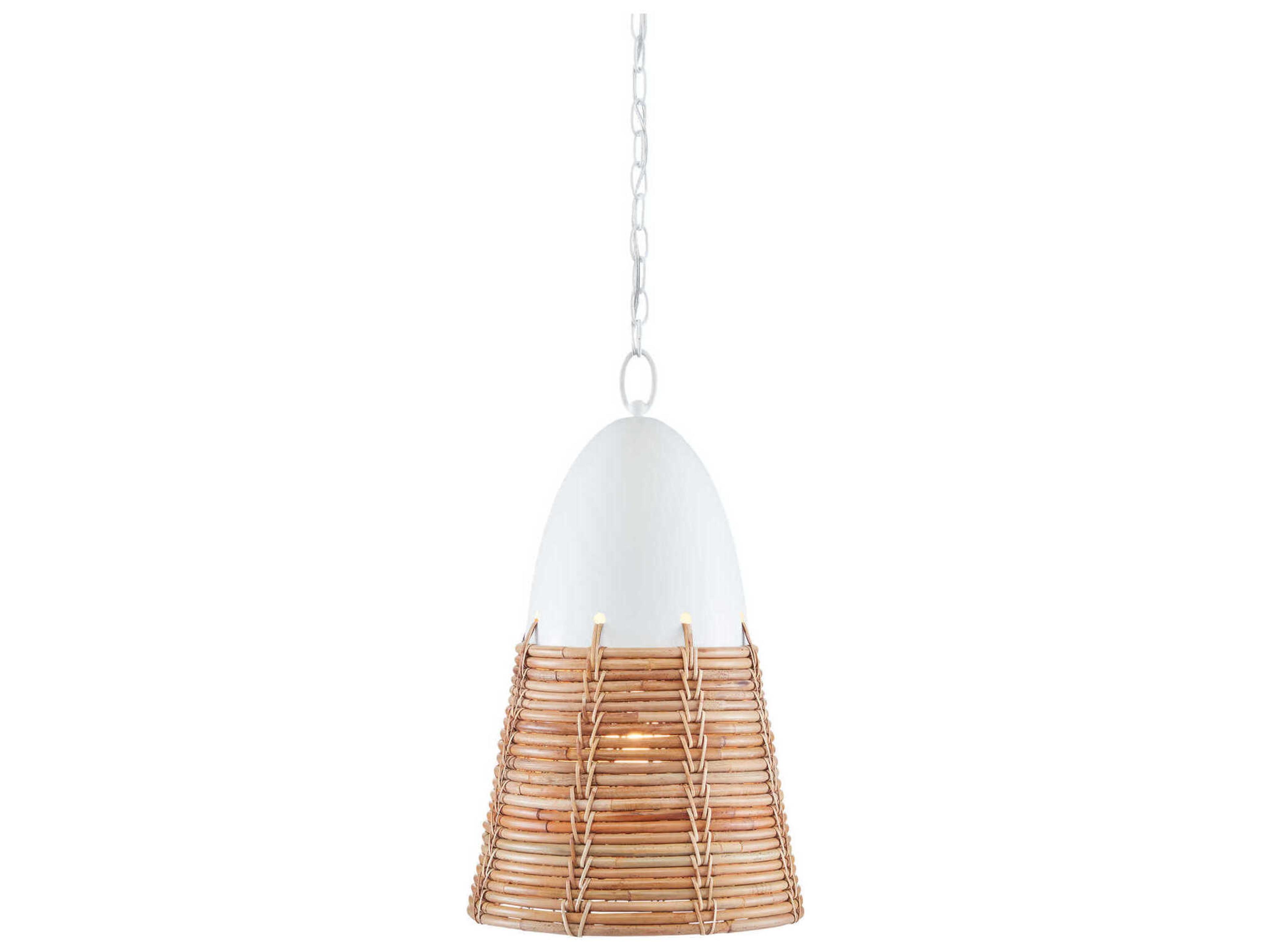 Currey & Company Arundo 1-Light Gesso White Paint Natural Rattan Brown Bell Pendant