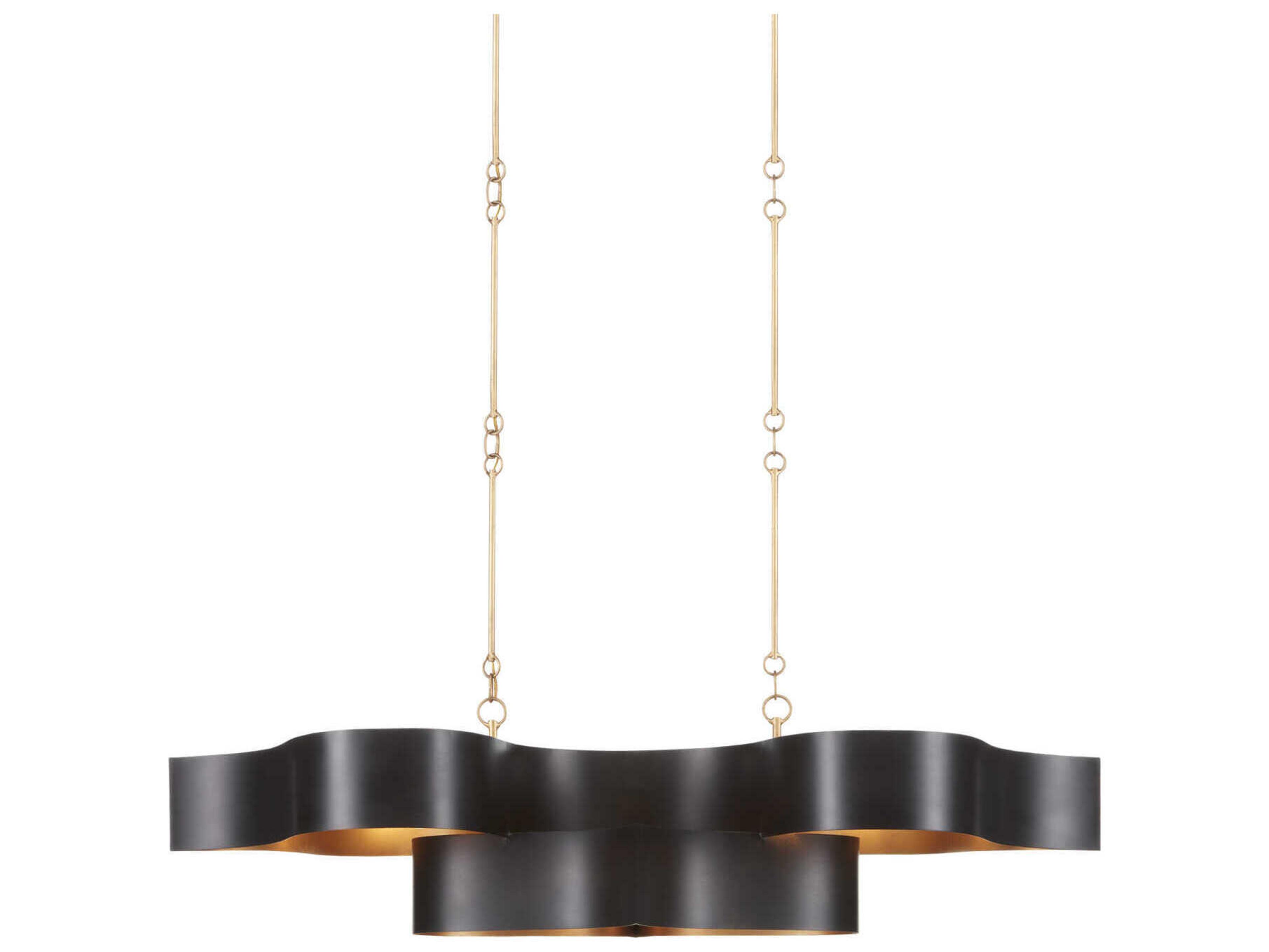Currey & Company Grand Lotus 6-Light Satin Black Contemporary Gold Leaf Linear Island Pendant