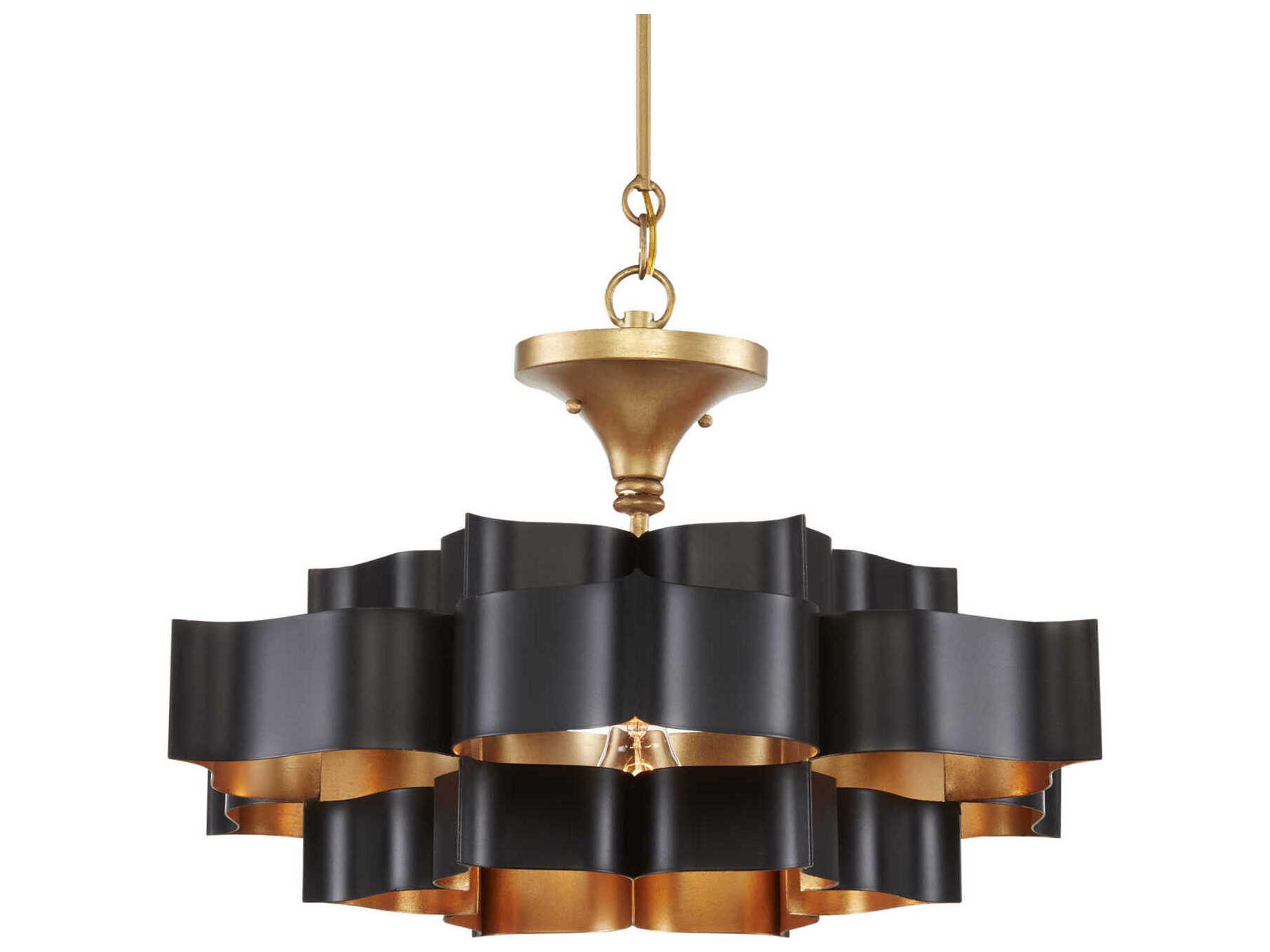 Currey & Company Grand Lotus 1-Light Satin Black Contemporary Gold Leaf Tiered Pendant