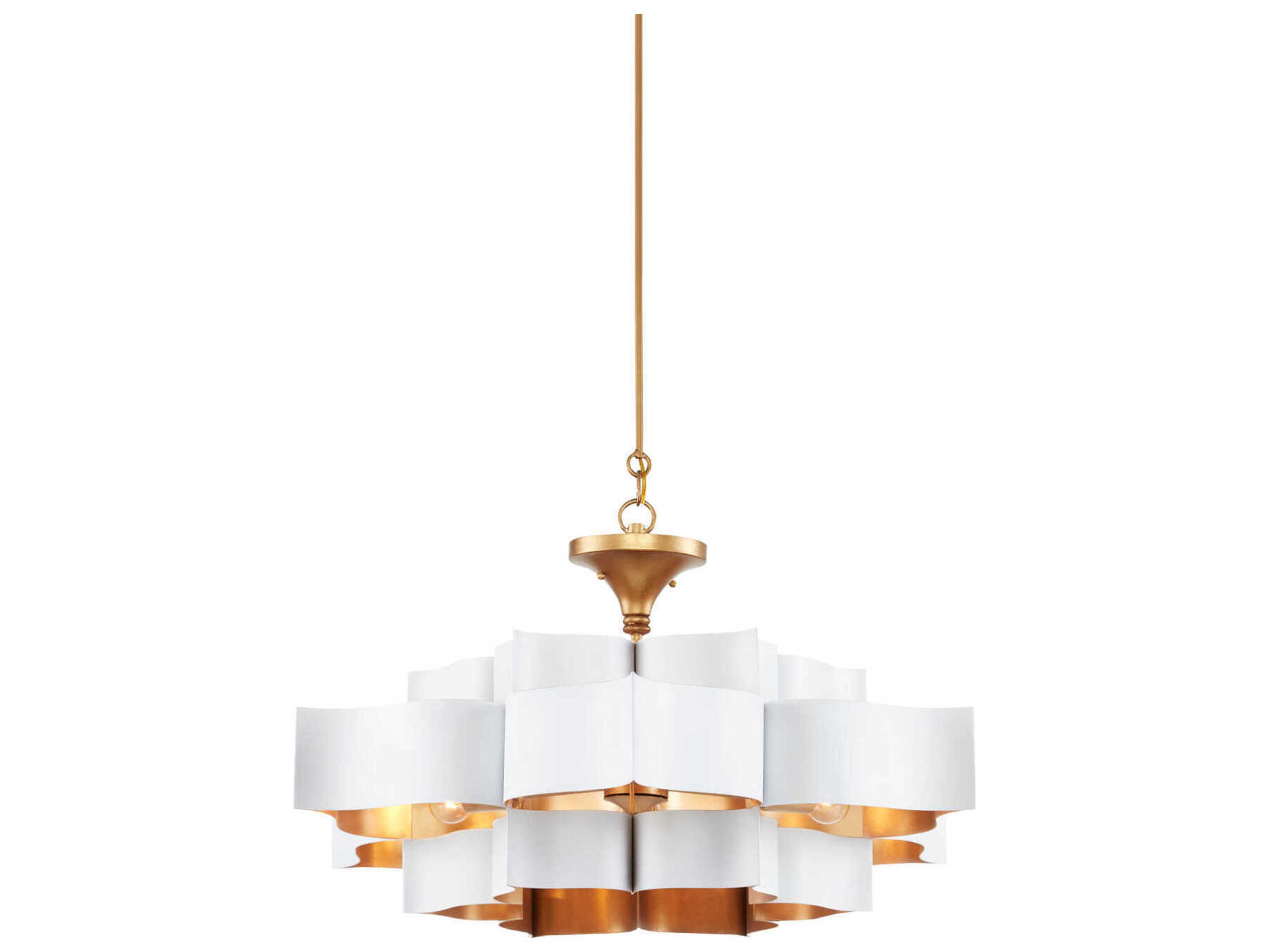 Currey & Company Grand Lotus 6-Light Sugar White Contemporary Gold Leaf Tiered Pendant