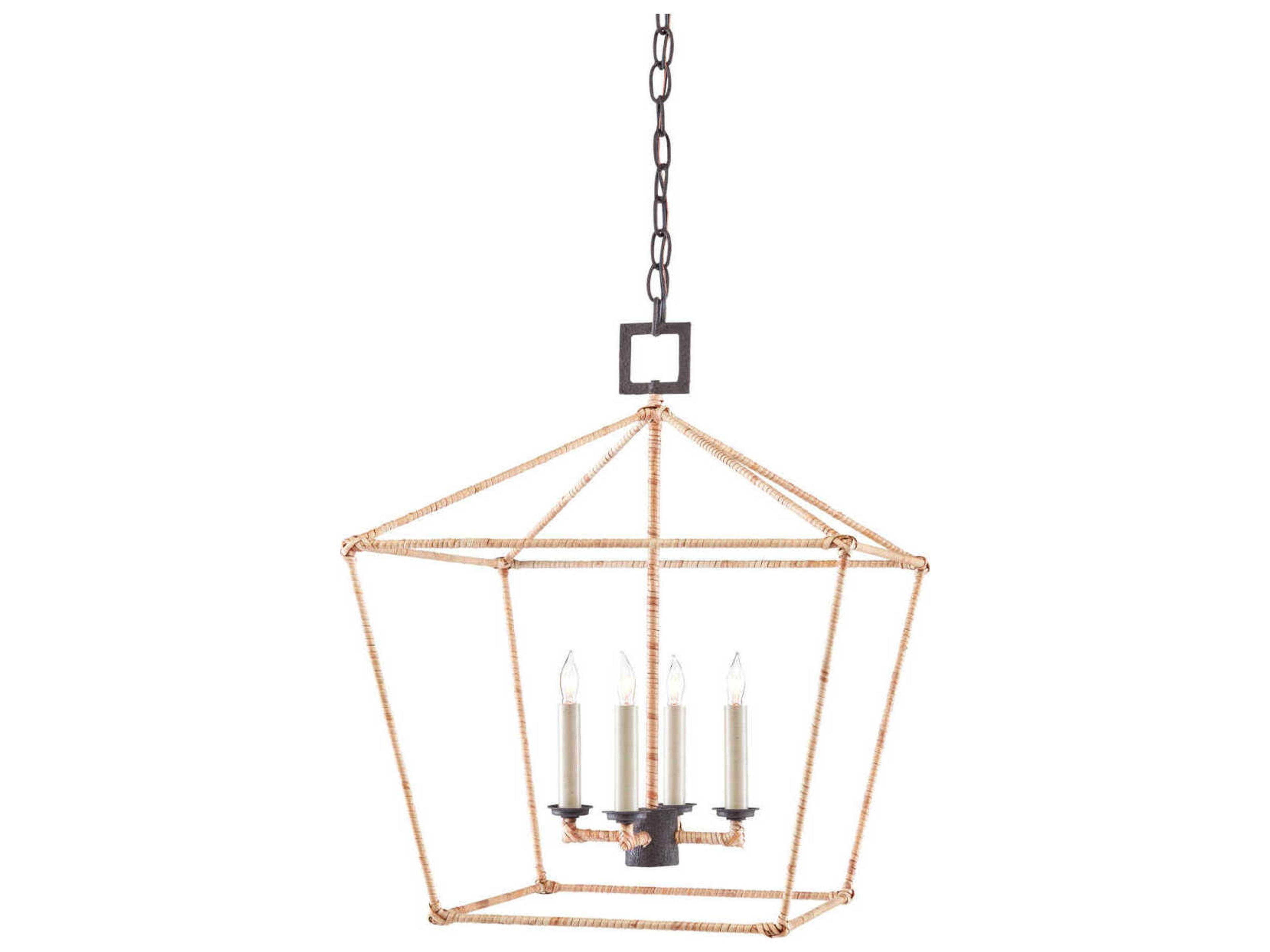 Currey & Company Denison 4-Light Mole Black Natural Rattan Lantern Chandelier