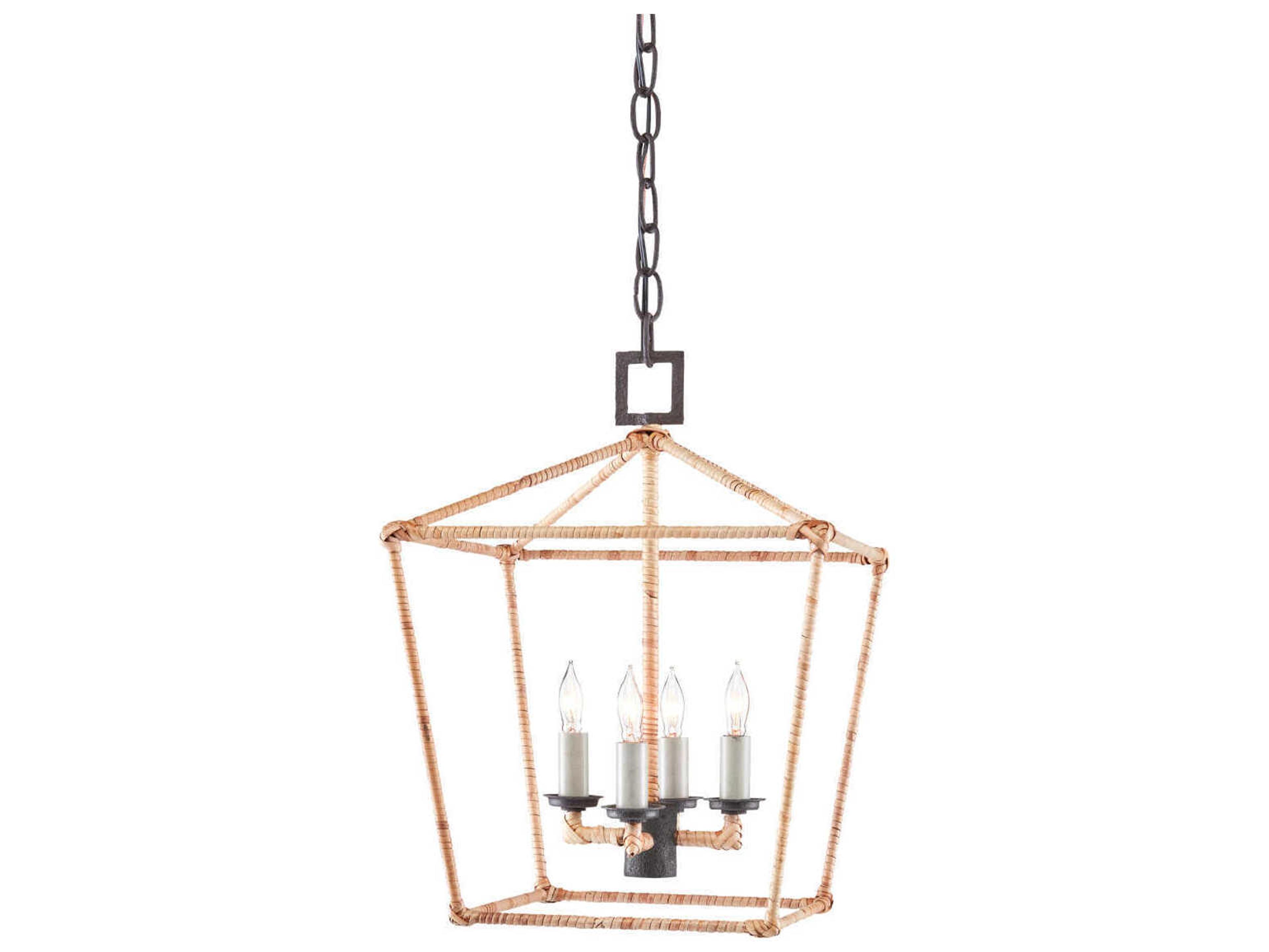 Currey & Company Denison 4-Light Mole Black Natural Rattan Brown Lantern Chandelier
