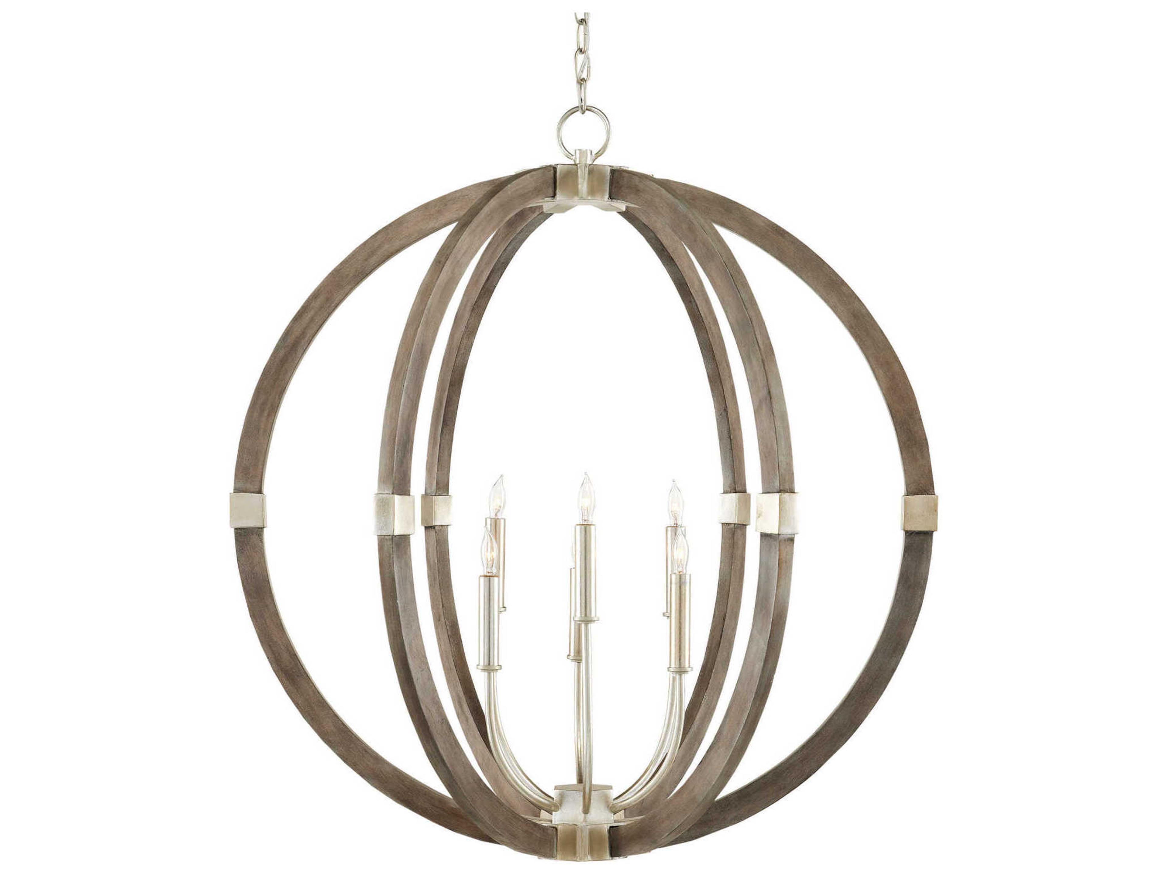 Currey & Company Bastian 6-Light Chateau Gray Contemporary Silver Leaf Candelabra Round Chandelier