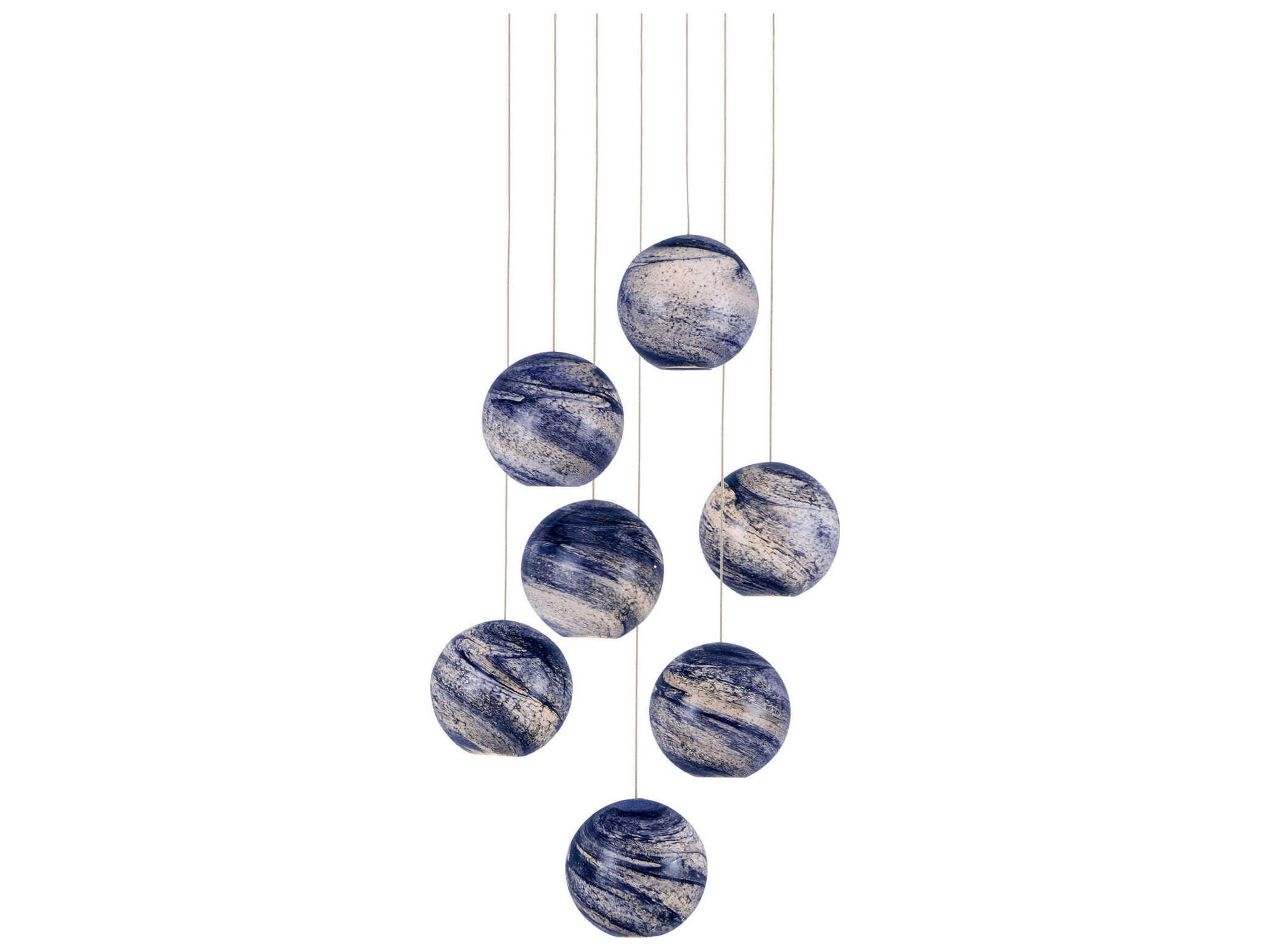 Currey & Company Palatino 7-Light Blue Marbeled Silver Glass Globe Tiered Pendant