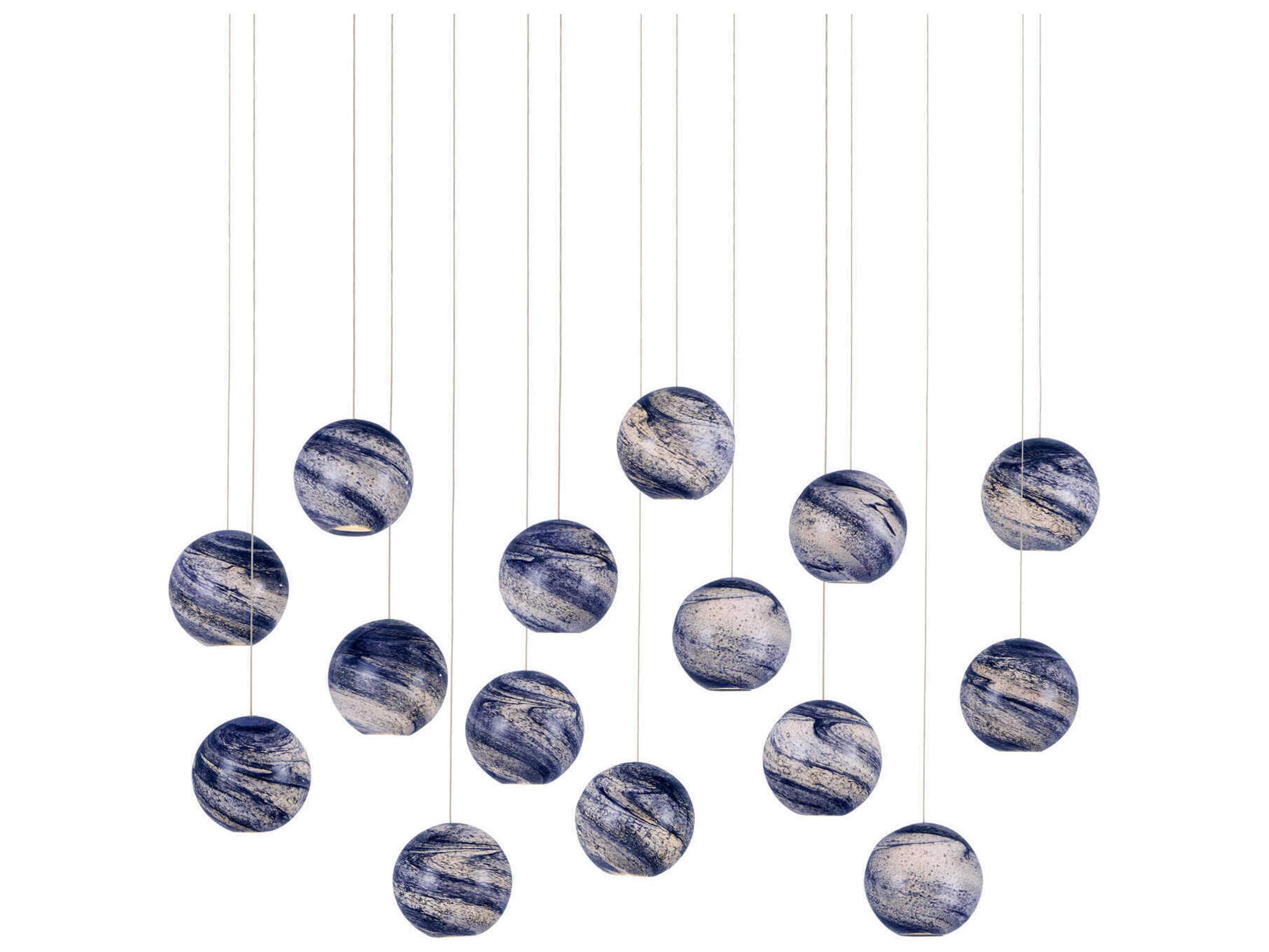 Currey & Company Palatino 15-Light Blue Marbeled Silver Glass Globe Island Pendant