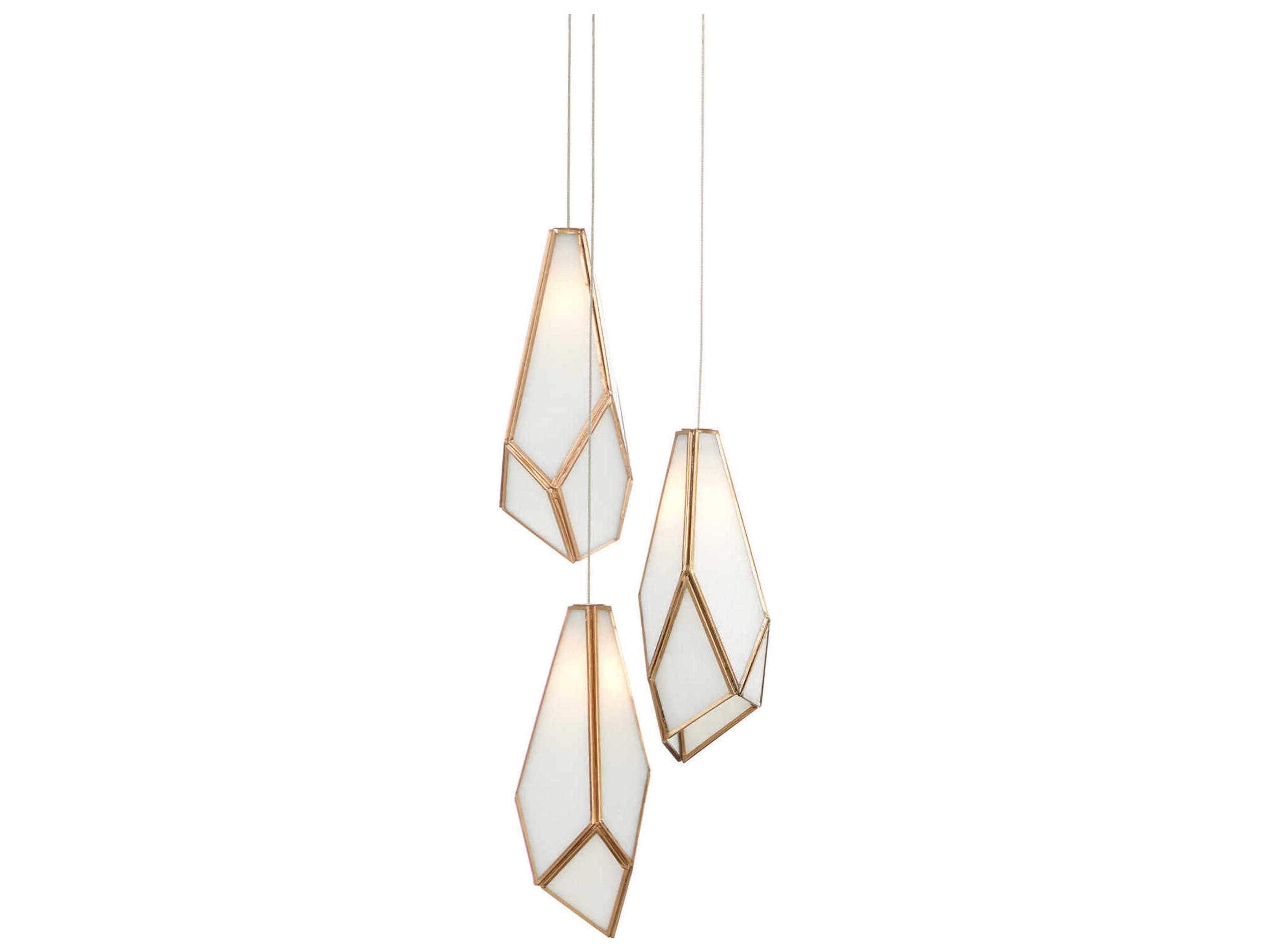 Currey & Company Glace 3-Light White Antique Brass Silver Glass Geometric Tiered Mini Pendant