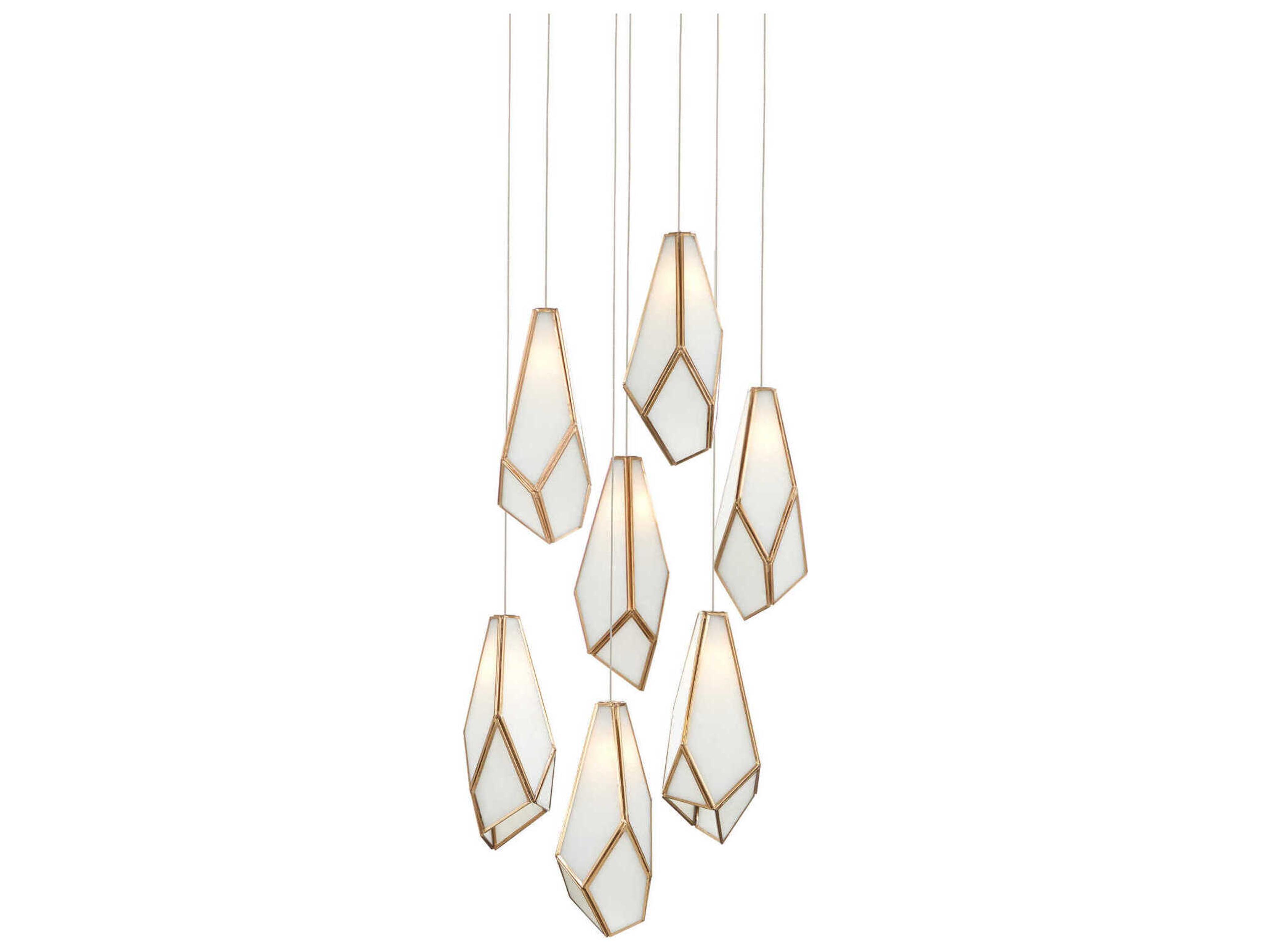Currey & Company Glace 7-Light White Antique Brass Silver Glass Geometric Tiered Pendant