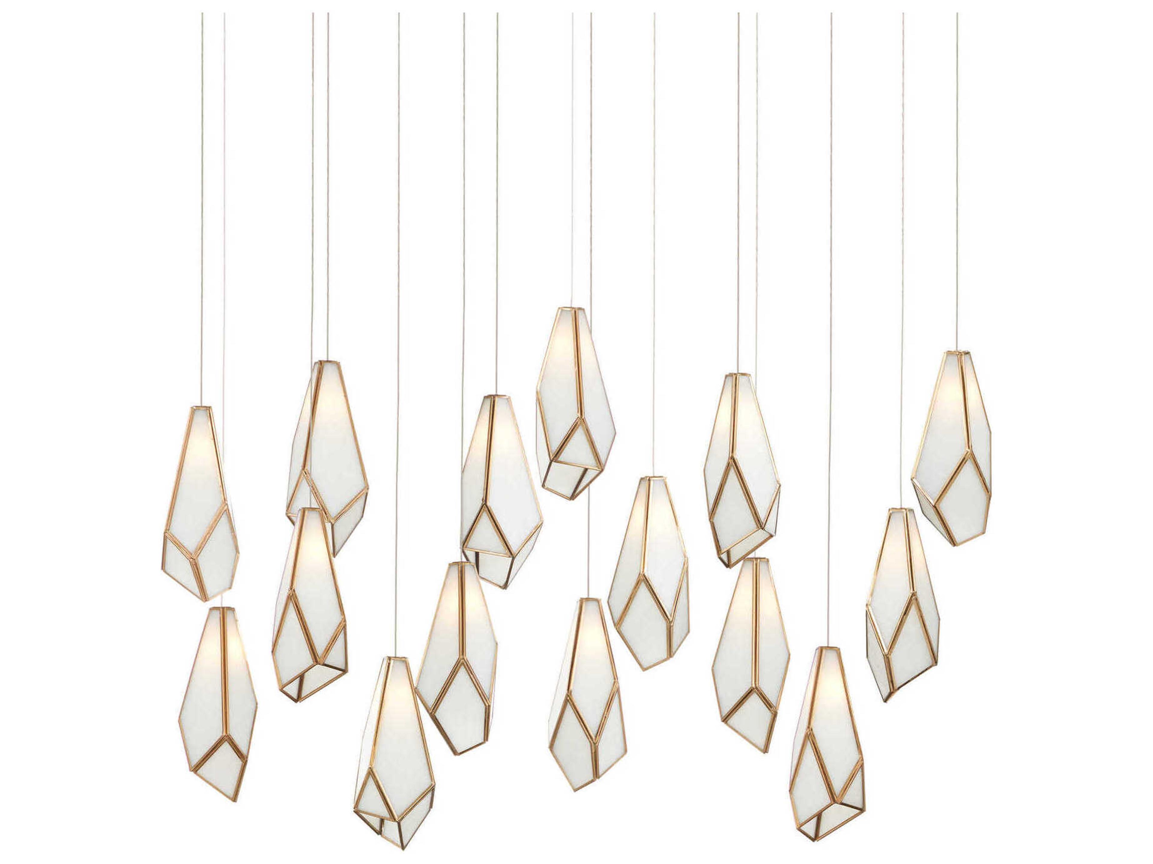 Currey & Company Glace 15-Light White Antique Brass Silver Glass Geometric Tiered Island Pendant