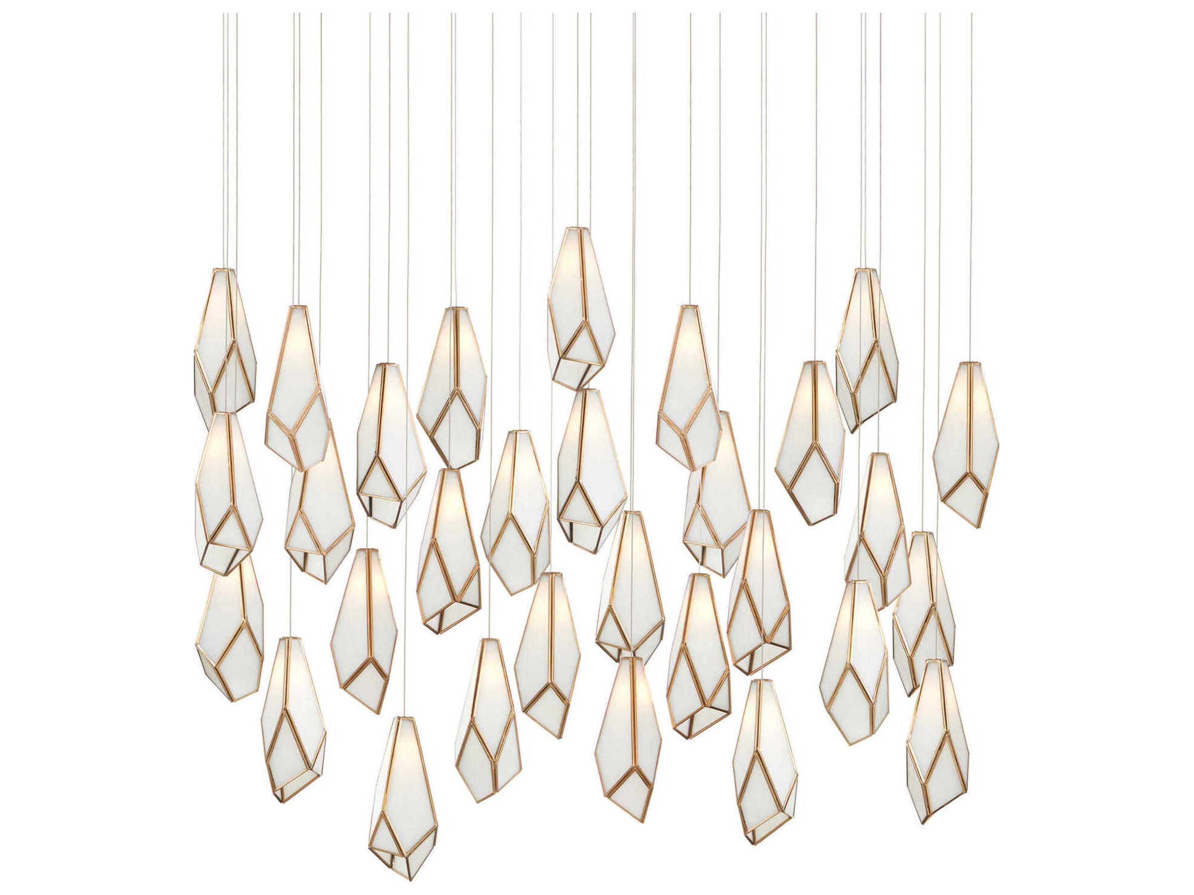Currey & Company Glace 30-Light White Antique Brass Silver Glass Geometric Tiered Island Pendant