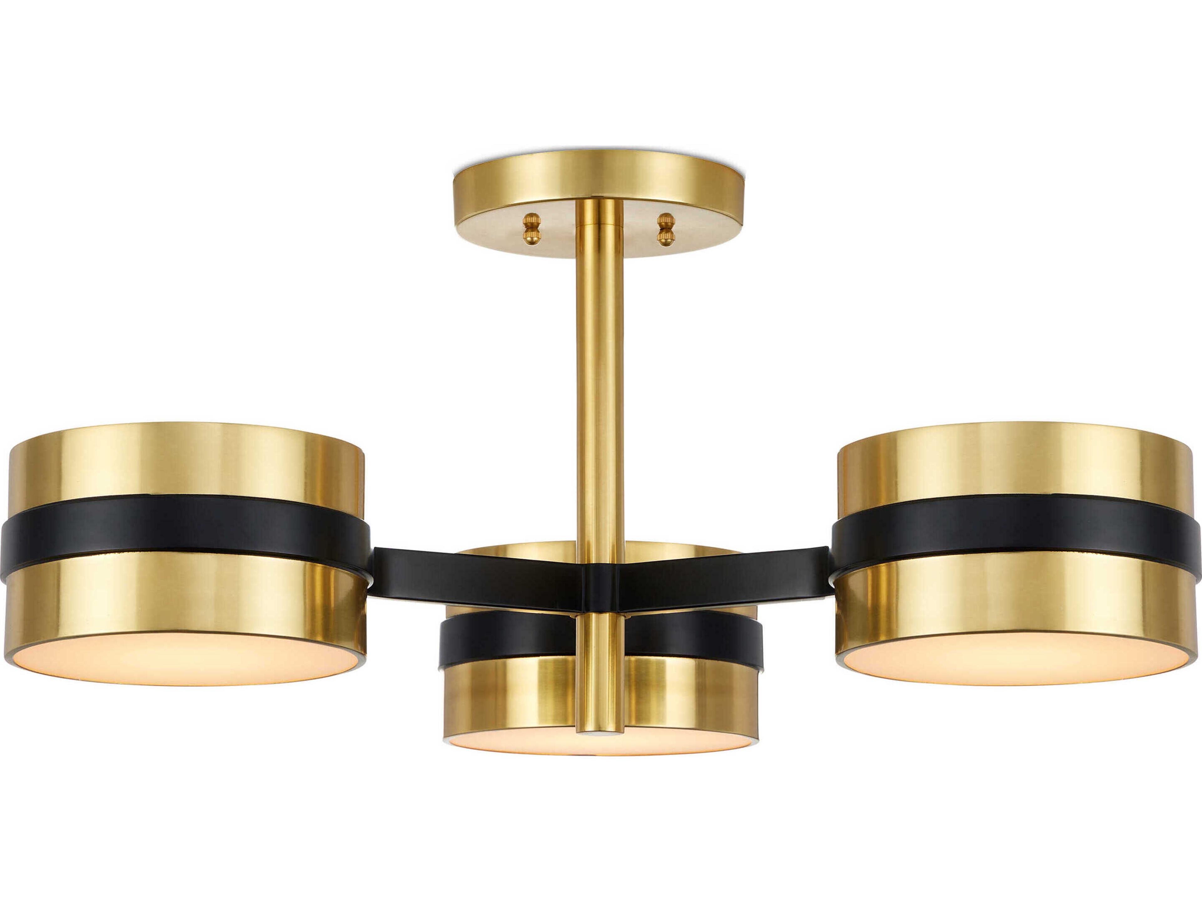 Currey & Company Heybrook 3-Light Polished Brass Black White Cylinder Semi Flush Mount