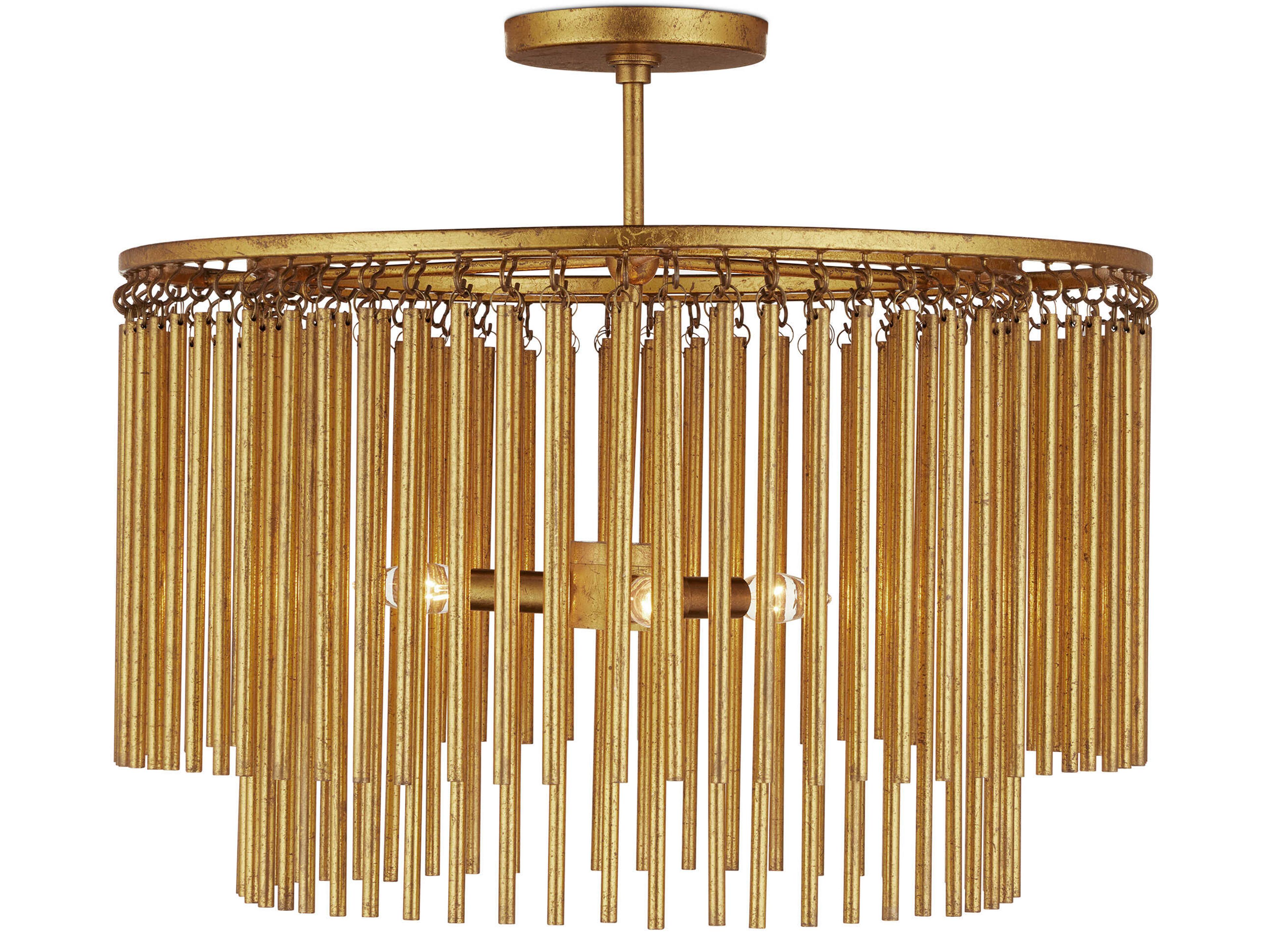 Currey & Company Mantra 3-Light Gold Leaf Cylinder Round Semi Flush Mount
