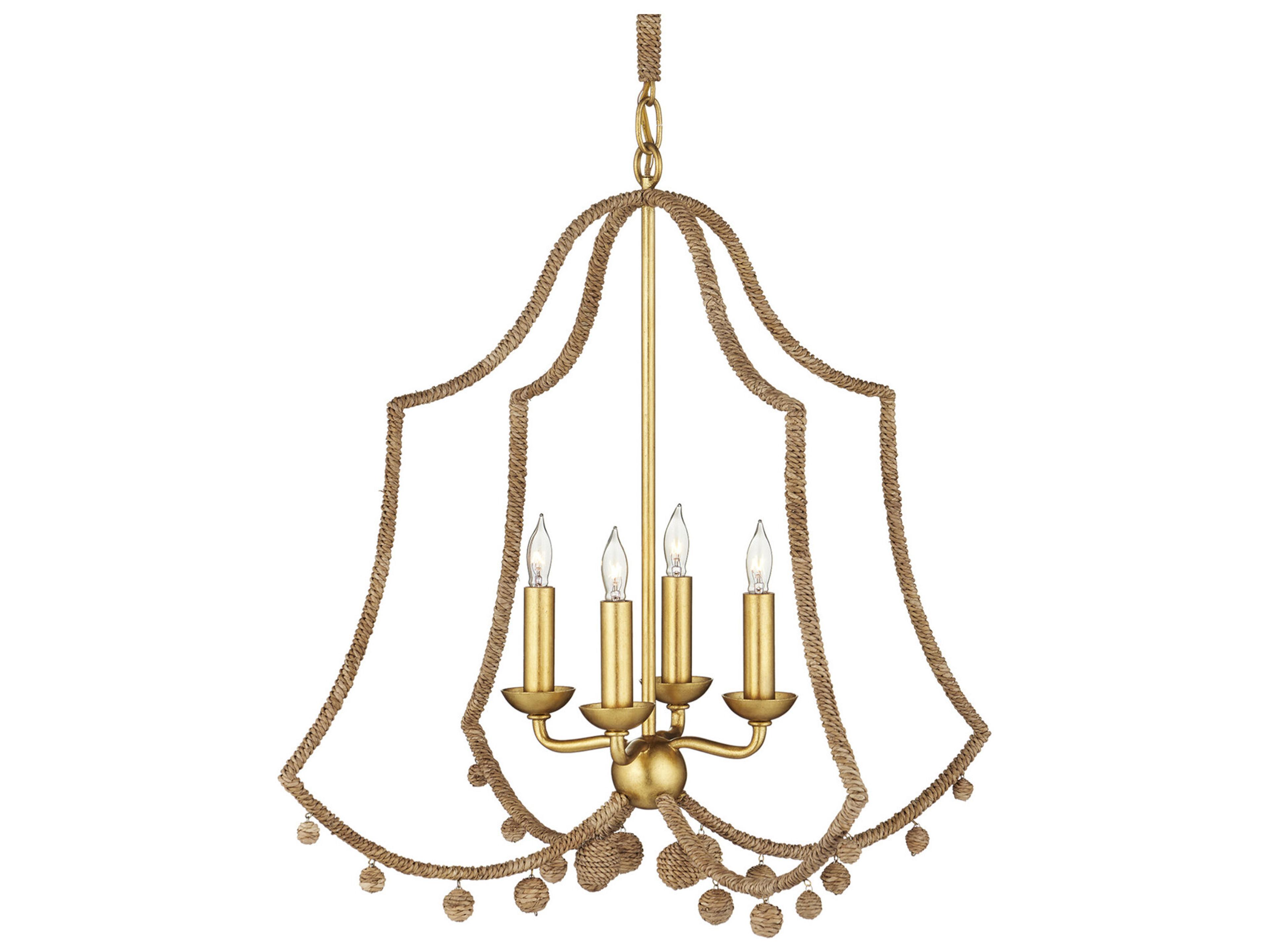 Currey & Company Nimes 4-Light Natural Rope Contemporary Gold Leaf Candelabra Chandelier