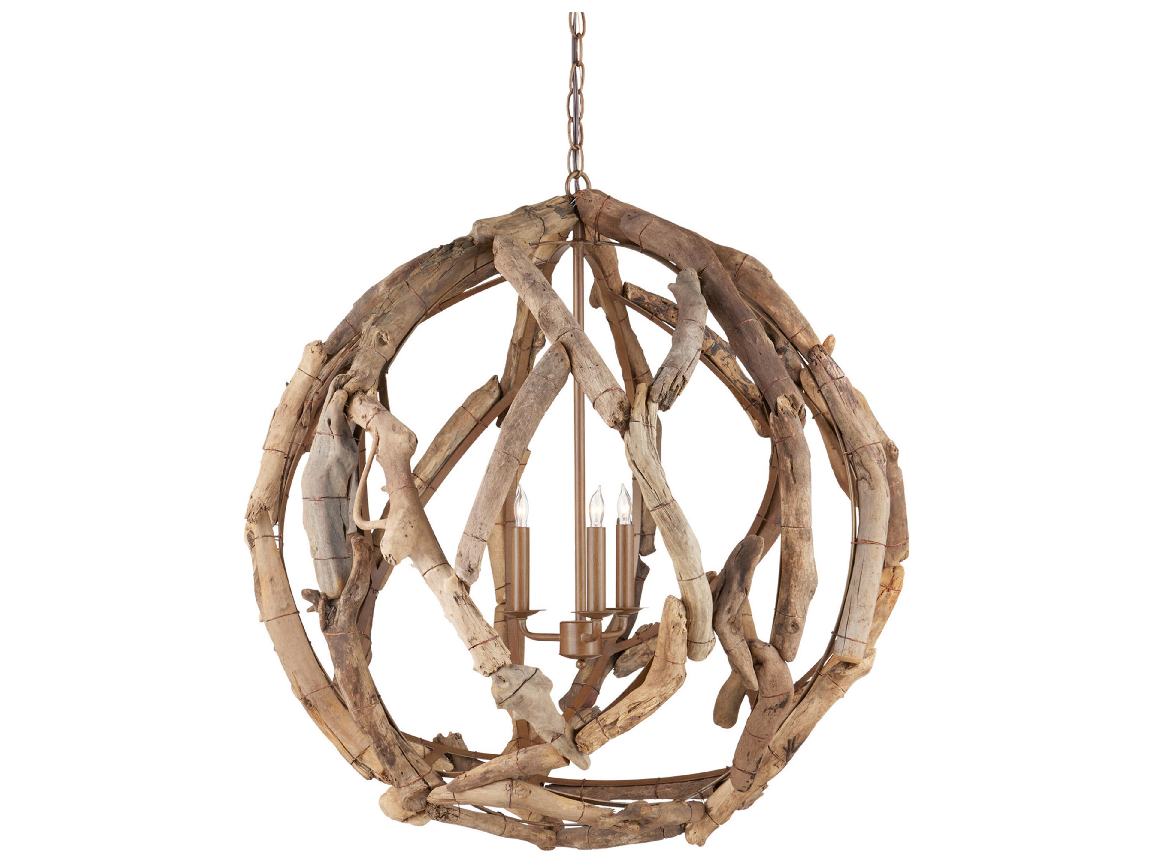 Currey & Company Driftwood 3-Light Natural Wood Globe Chandelier