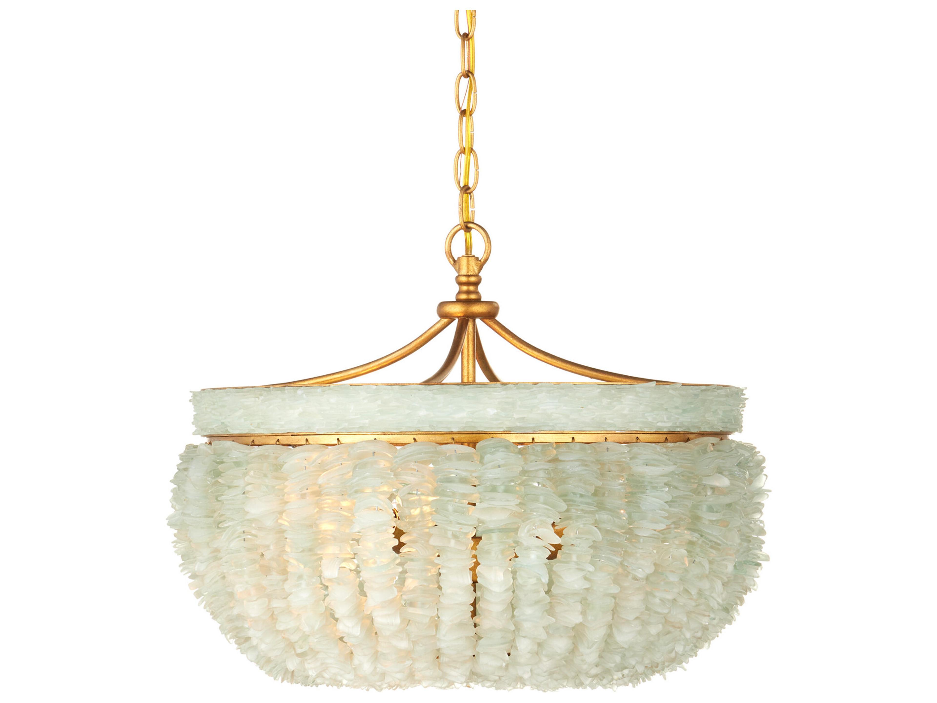 Currey & Company Belfry 3-Light Contemporary Gold Leaf seaglass Bowl Chandelier