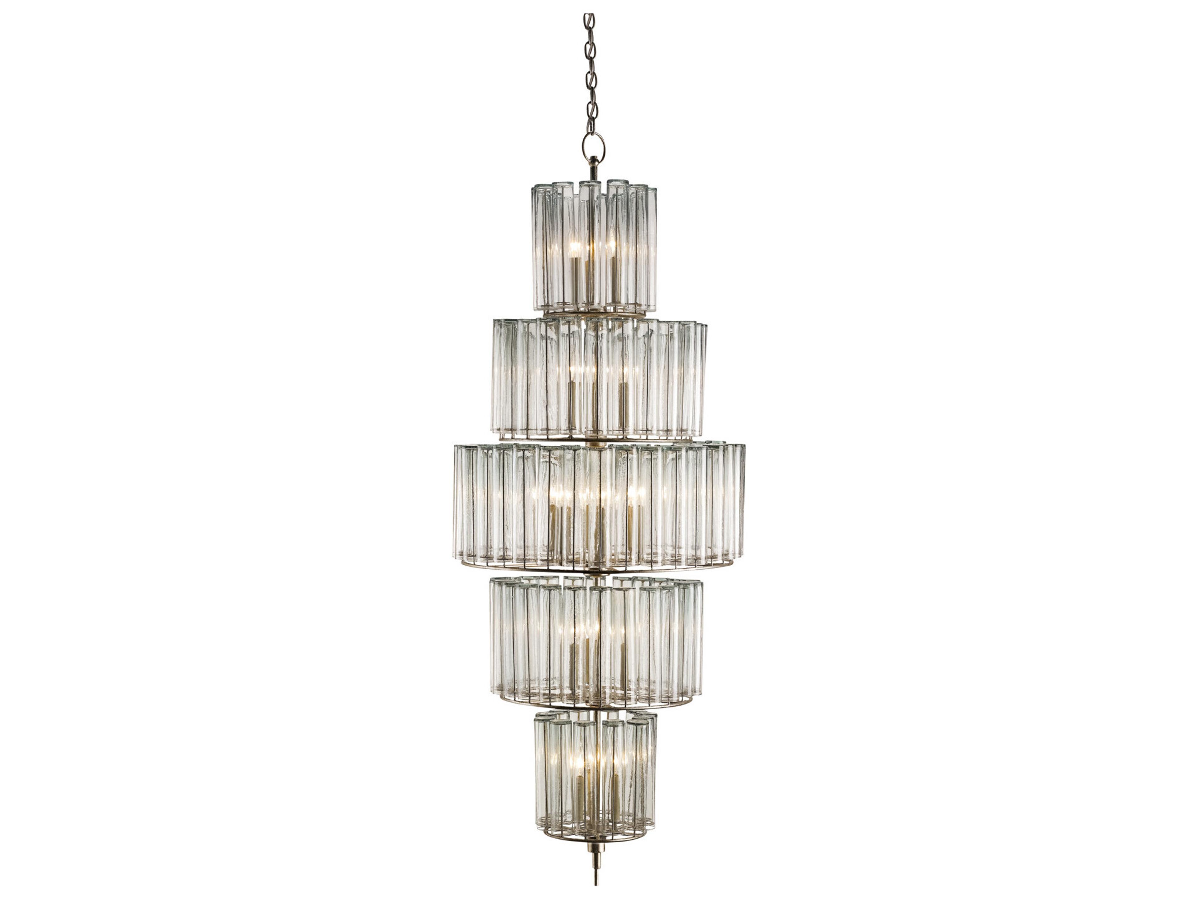 Currey & Company Bevilacqua 18-Light Silver Leaf Glass Candelabra Drum Tiered Chandelier