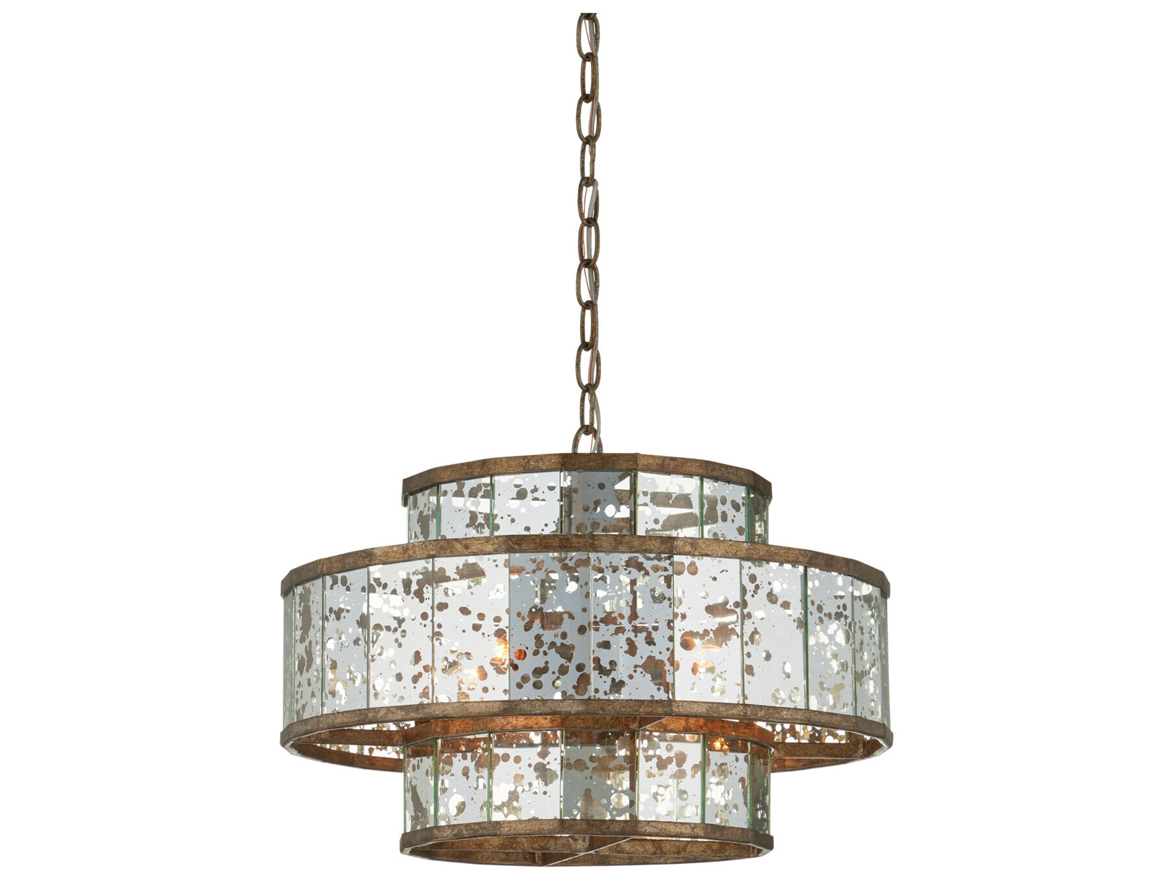 Currey & Company Fantine 4-Light Pyrite Bronze Raj Mirror Glass Candelabra Drum Chandelier