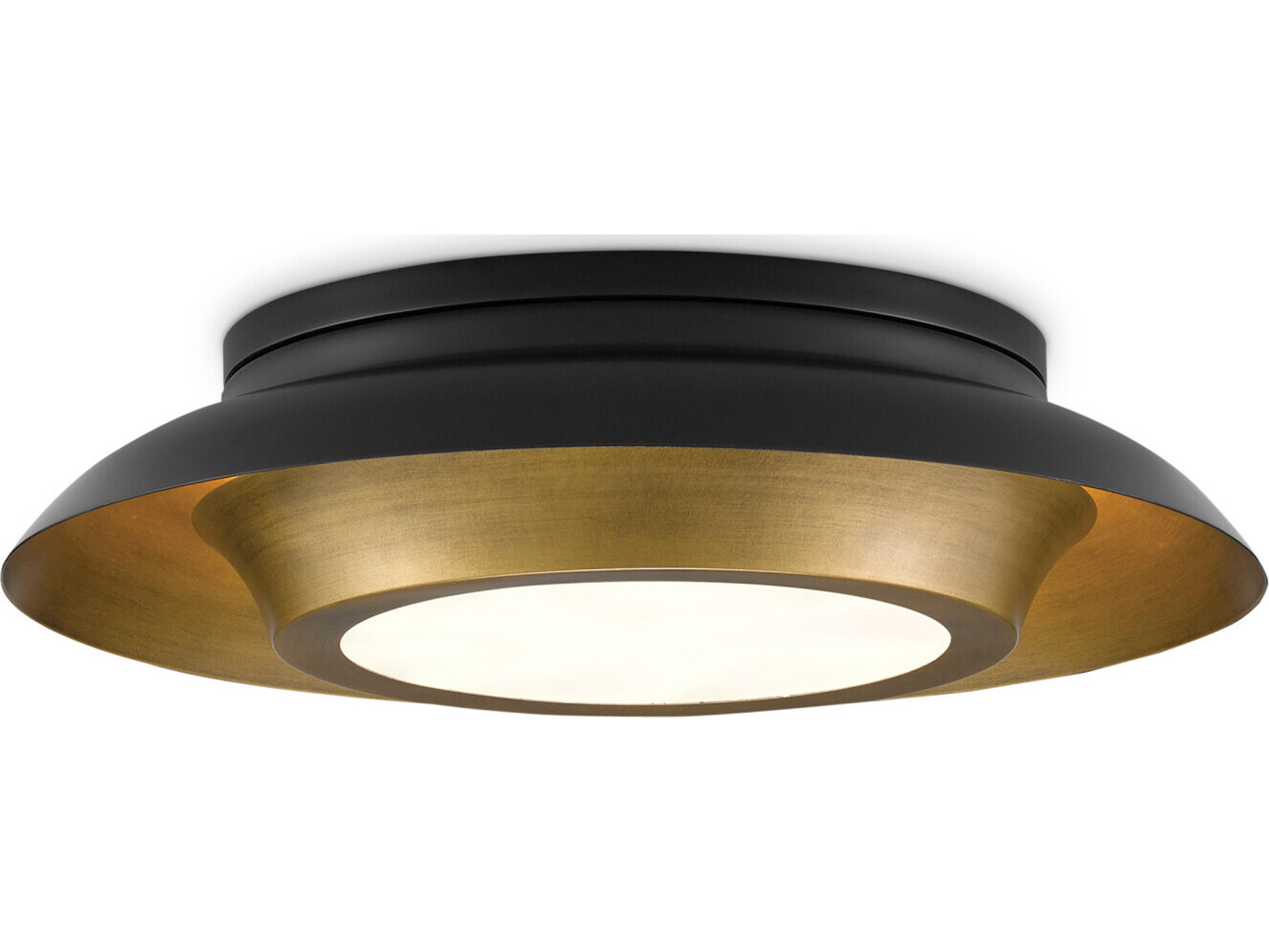 Currey & Company Metaphor 3-Light Painted Antique Brass Black Glass LED Bowl Round Flush Mount