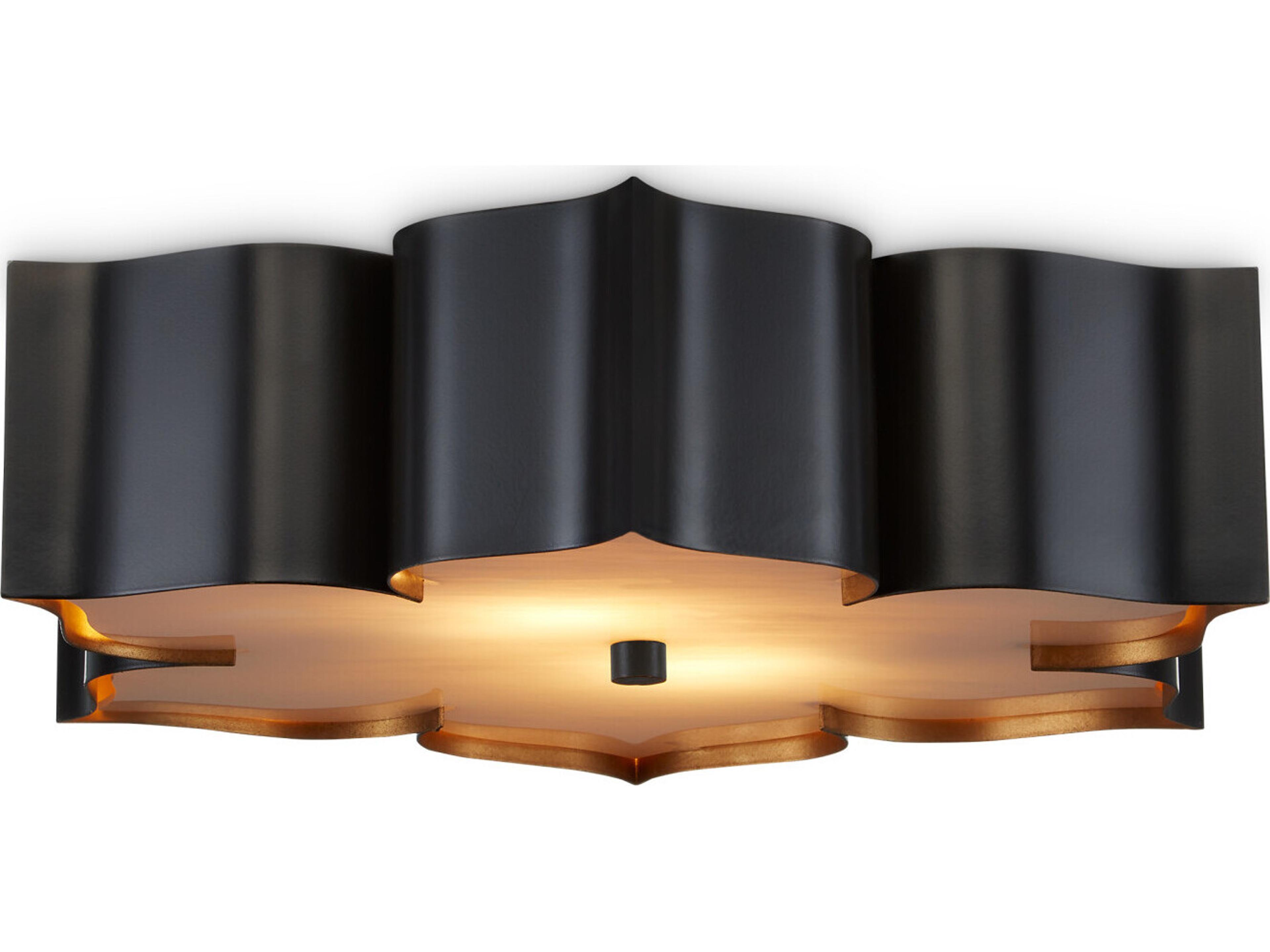 Currey & Company Grand Lotus 2-Light Satin Black Contemporary Gold Leaf Flush Mount