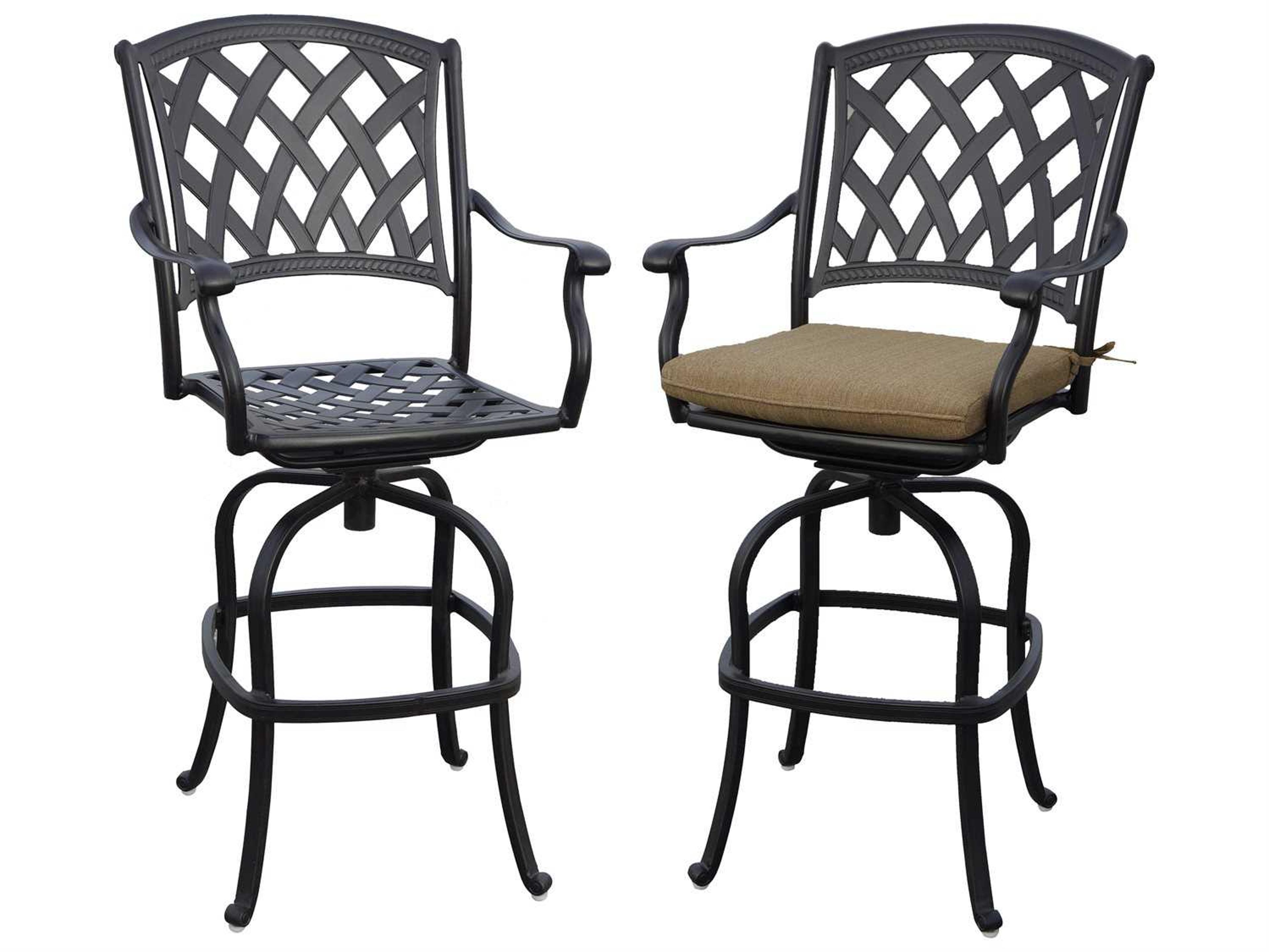 Darlee Ocean View Antique Bronze Cast Aluminum Swivel Patio Bar Stools with Seasame Cushions Set of 2