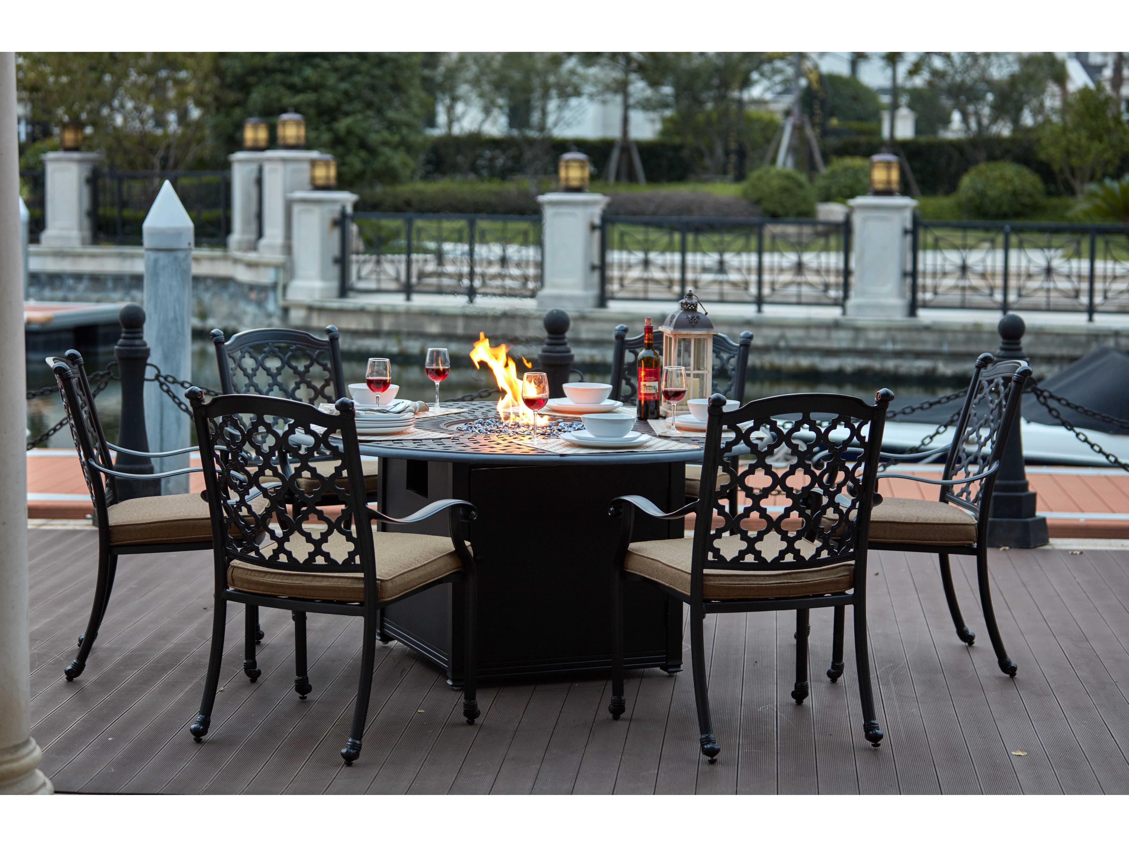 Darlee Outdoor Living Madison Cast Aluminum 7- Piece Propane Fire Pit Dining Set with 60 Inch Round in Antique Bronze