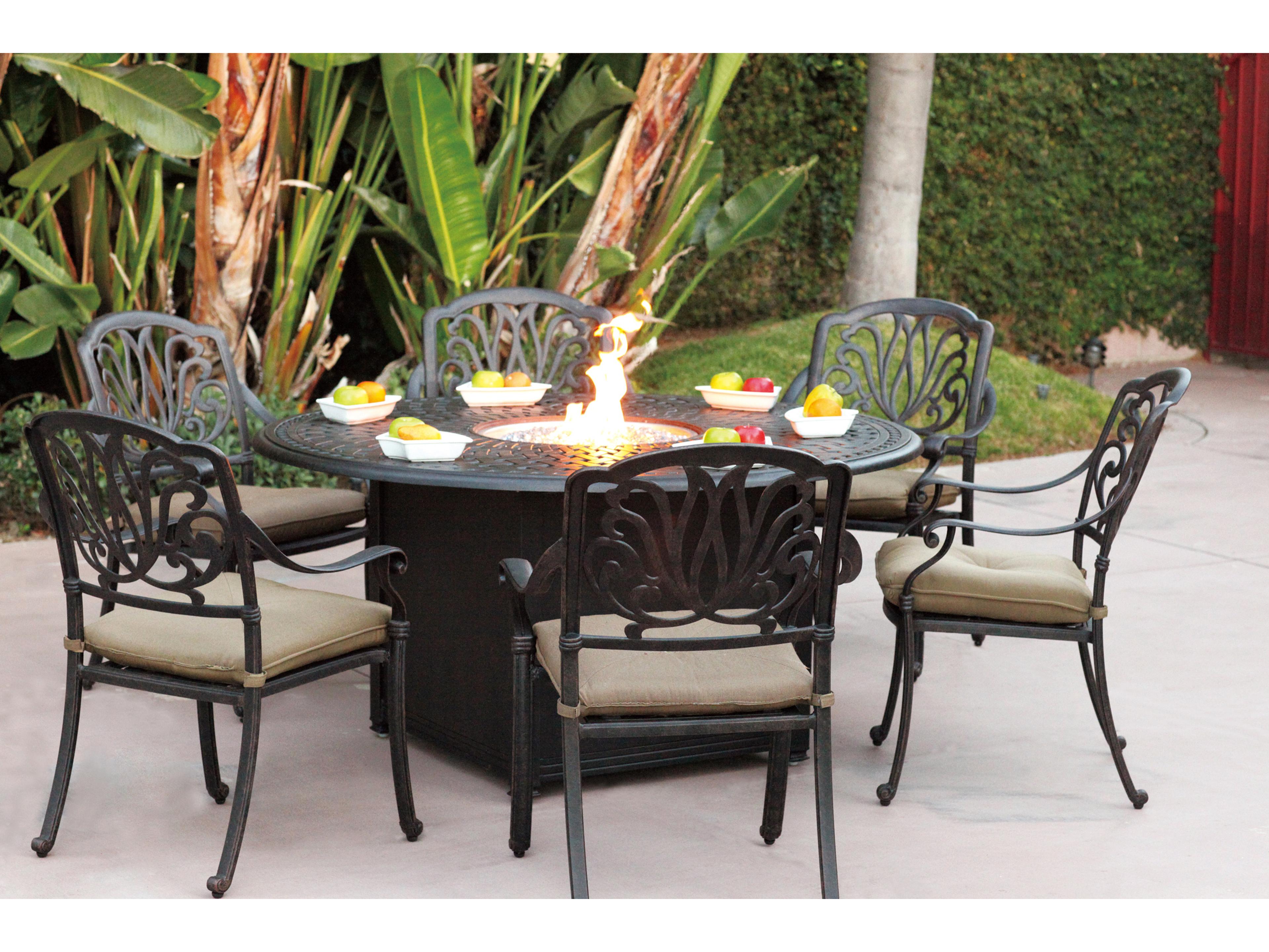 Darlee Outdoor Living Elisabeth Cast Aluminum 7-Piece Propane Fire Pit Dining Set with Cushions and 60'' Fire Pit Dining Table