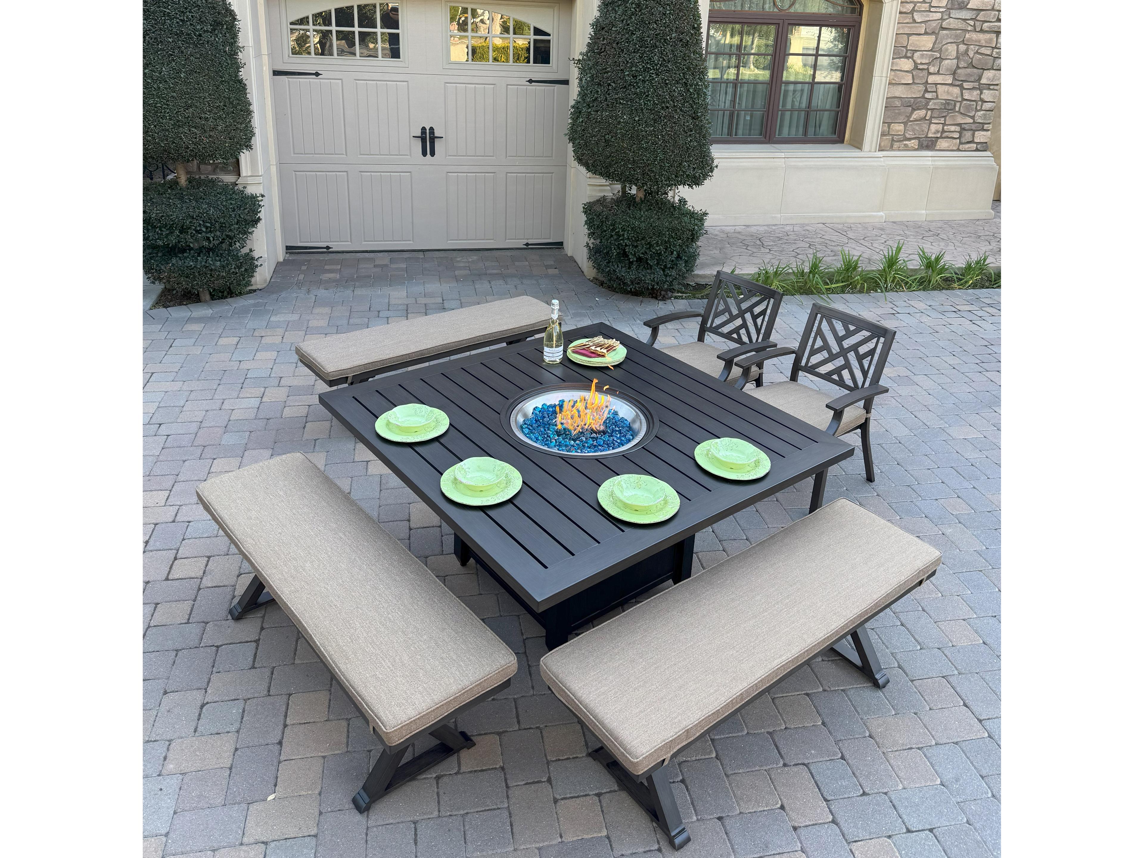 Darlee Outdoor Living Brooklyn Aluminum 6-Piece Dining Set with 60" Square Propane Fire Pit Dining Table