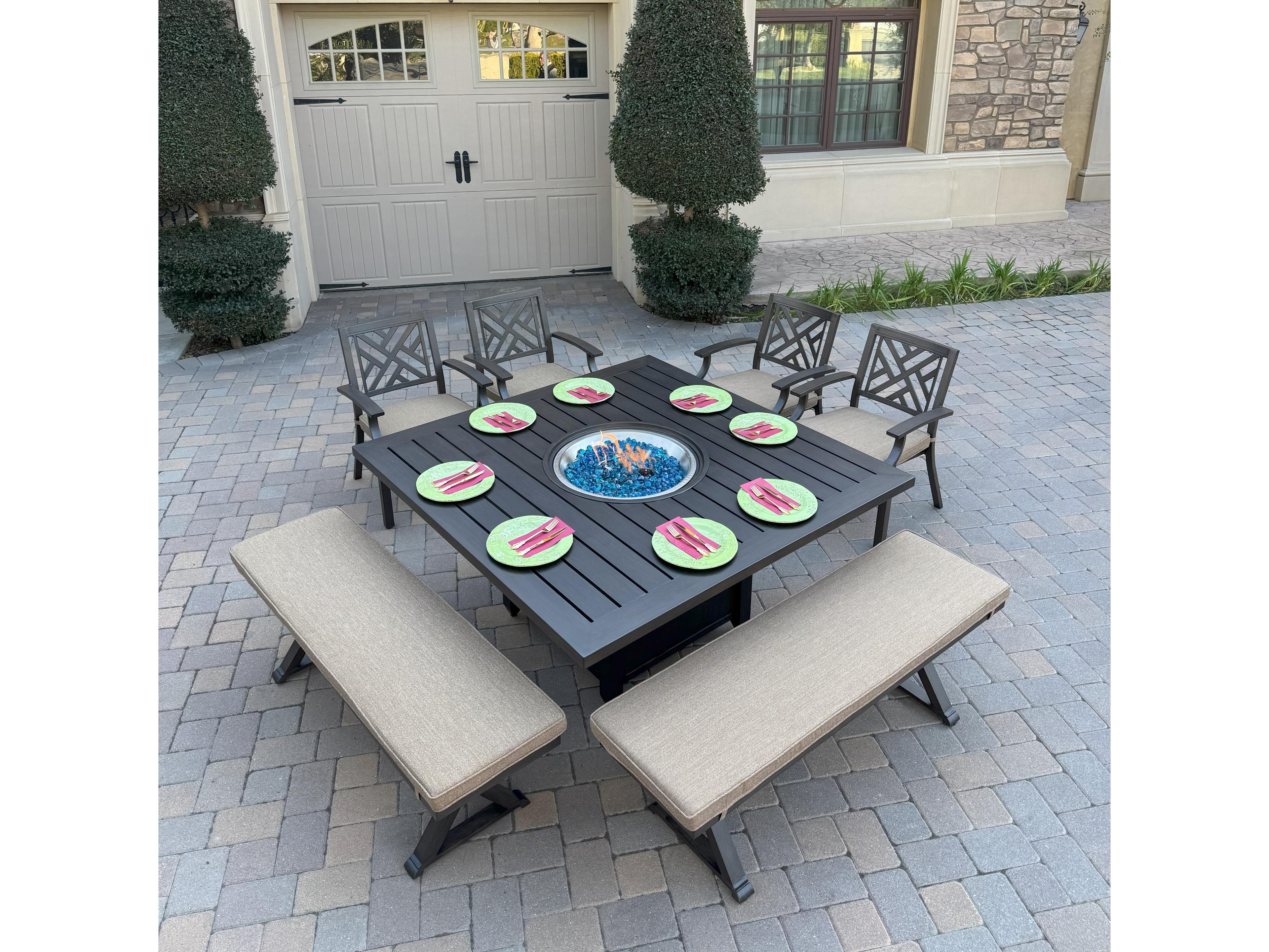 Darlee Outdoor Living Brooklyn Aluminum 7-Piece Dining Set with 60" Square Propane Fire Pit Dining Table