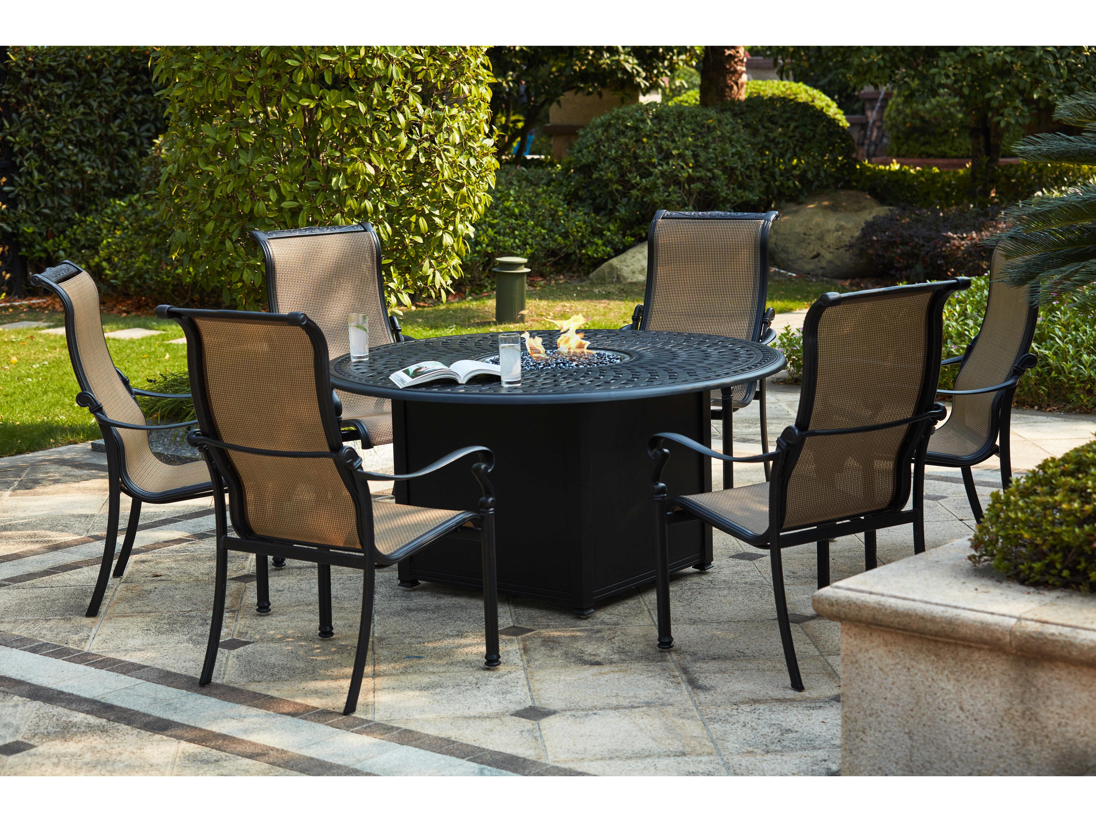 Darlee Outdoor Living Monterey Sling Cast Aluminum Antique Bronze 7 Piece Fire Pit Dining Set