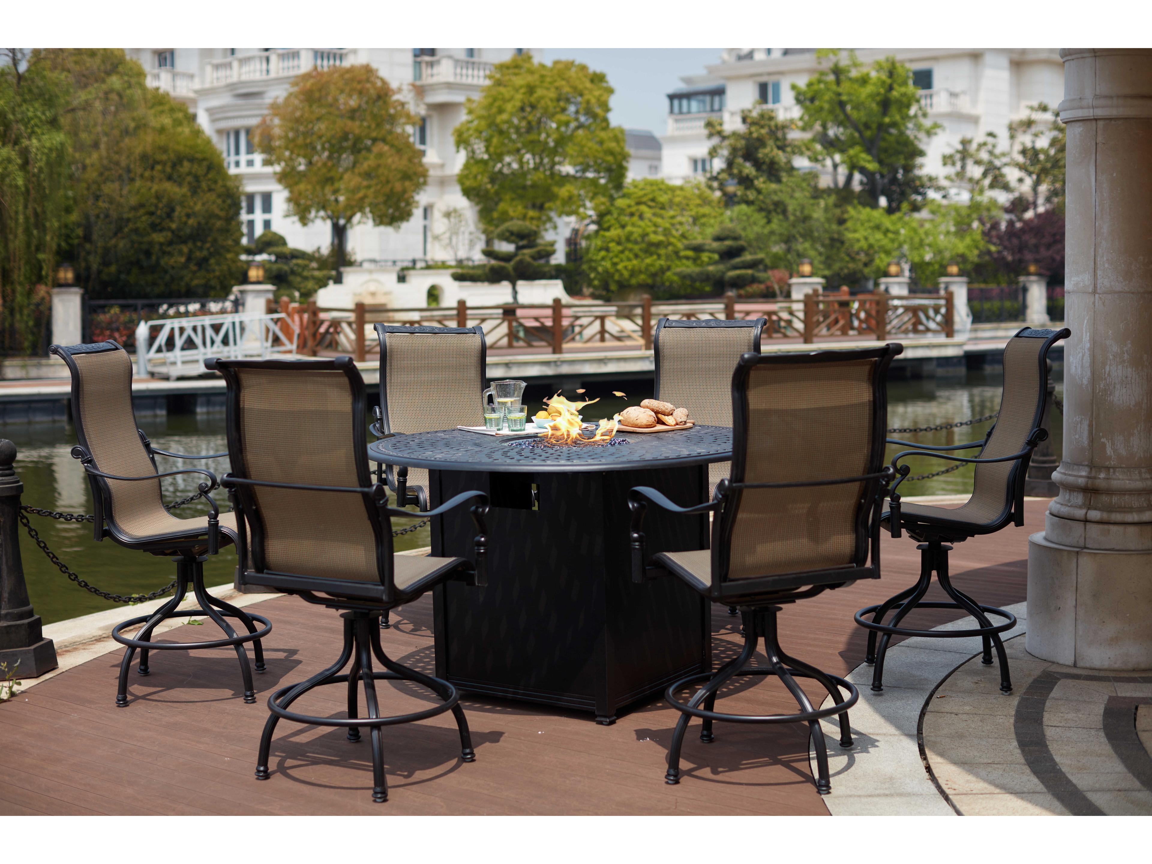 Darlee Outdoor Living Monterey Sling Cast Aluminum Antique Bronze 7 Piece Fire Pit Counter Set