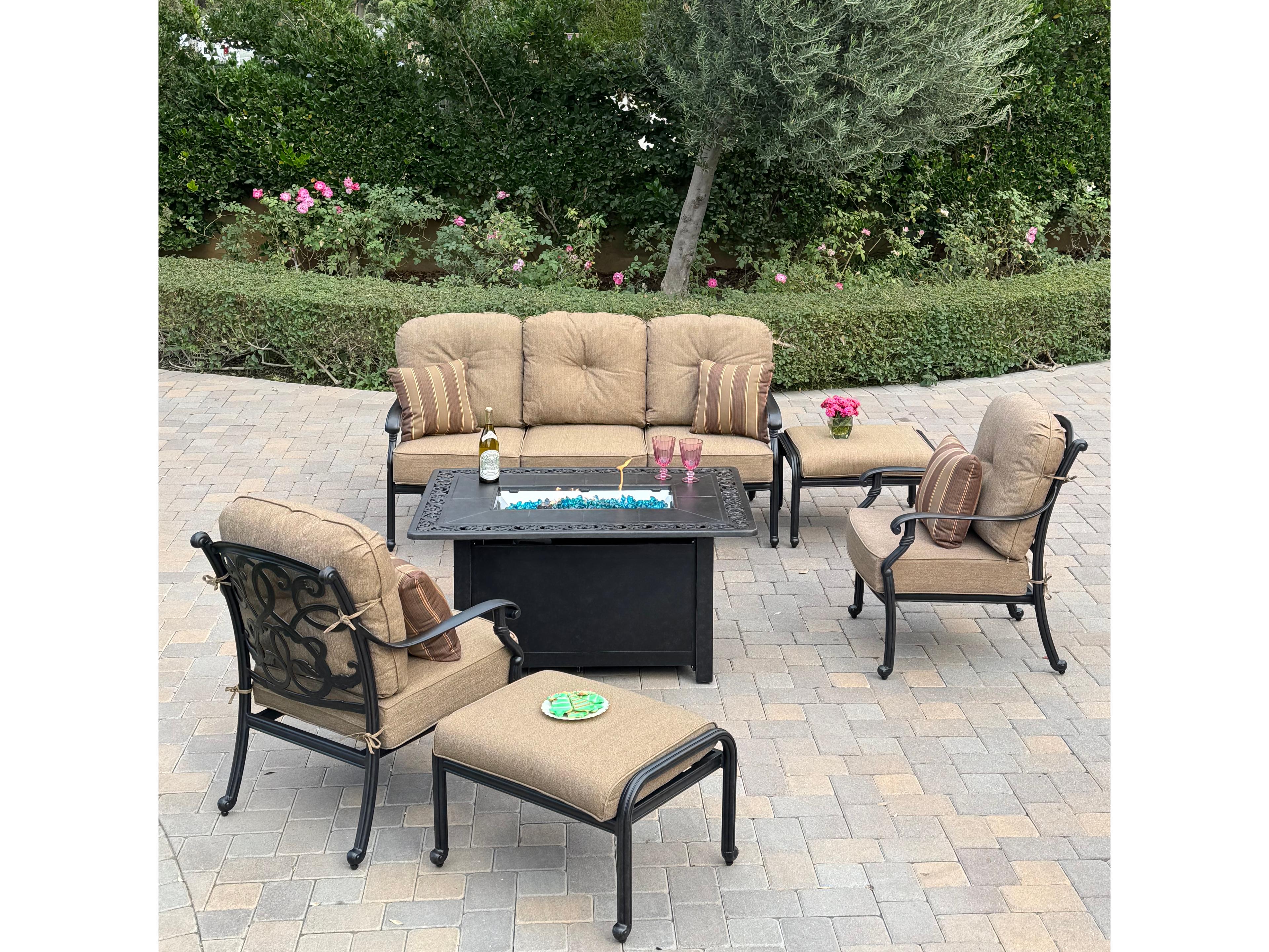 Darlee Outdoor Living Santa Monica Cast Aluminum 6-Piece Conversation Set with 49" X 35" Rectangular Fire Pit Chat Table