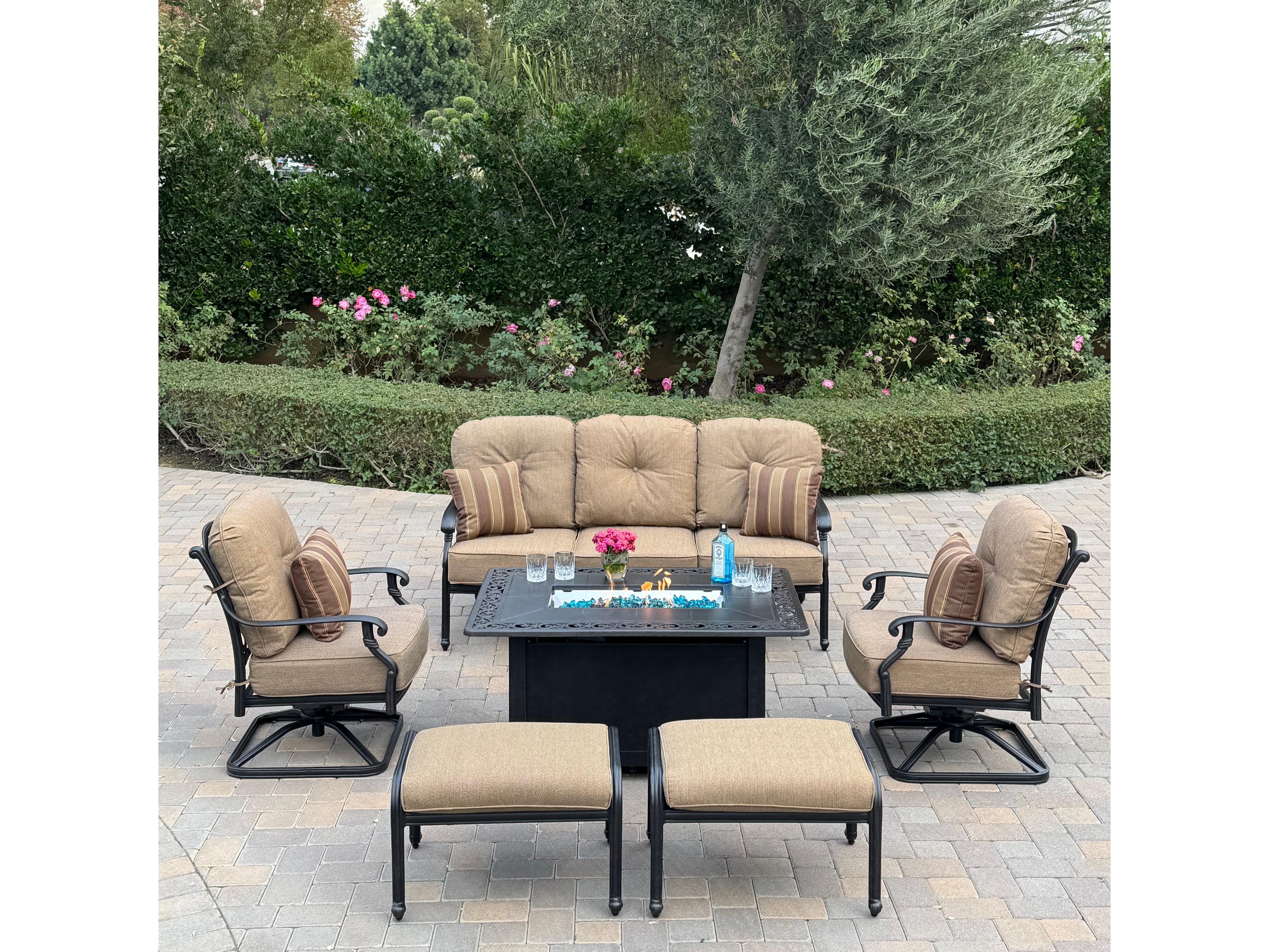 Darlee Outdoor Living Santa Monica Cast Aluminum 6-Piece Conversation Set with 49" X 35" Rectangular Fire Pit Chat Table