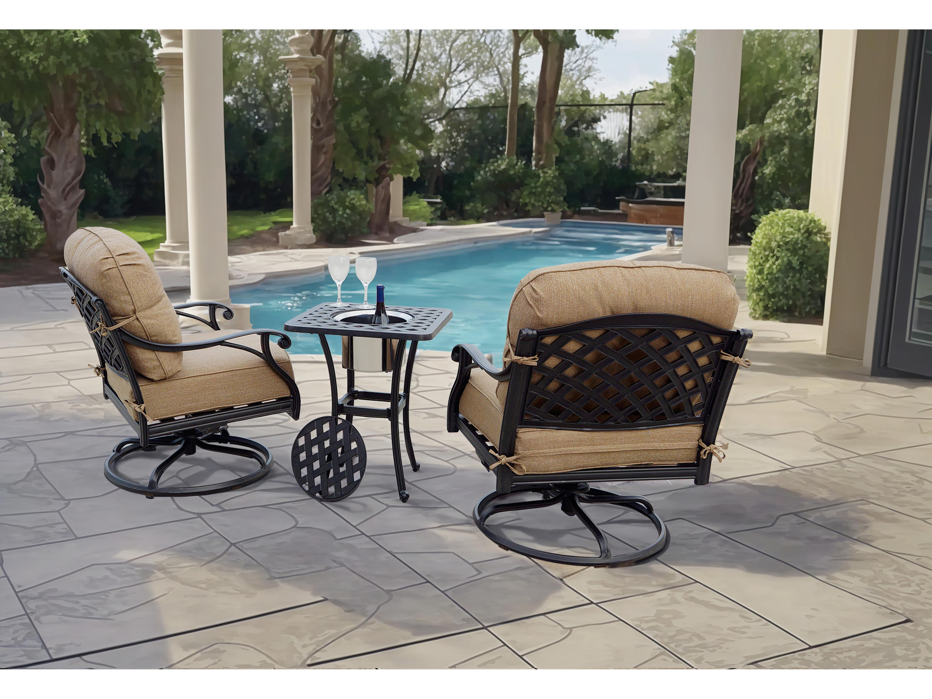 Darlee Outdoor Living Nassau Cast Aluminum Antique Bronze 3 Piece Lounge Set in Sesame Cushions with 21'' Wide Bucket End Table
