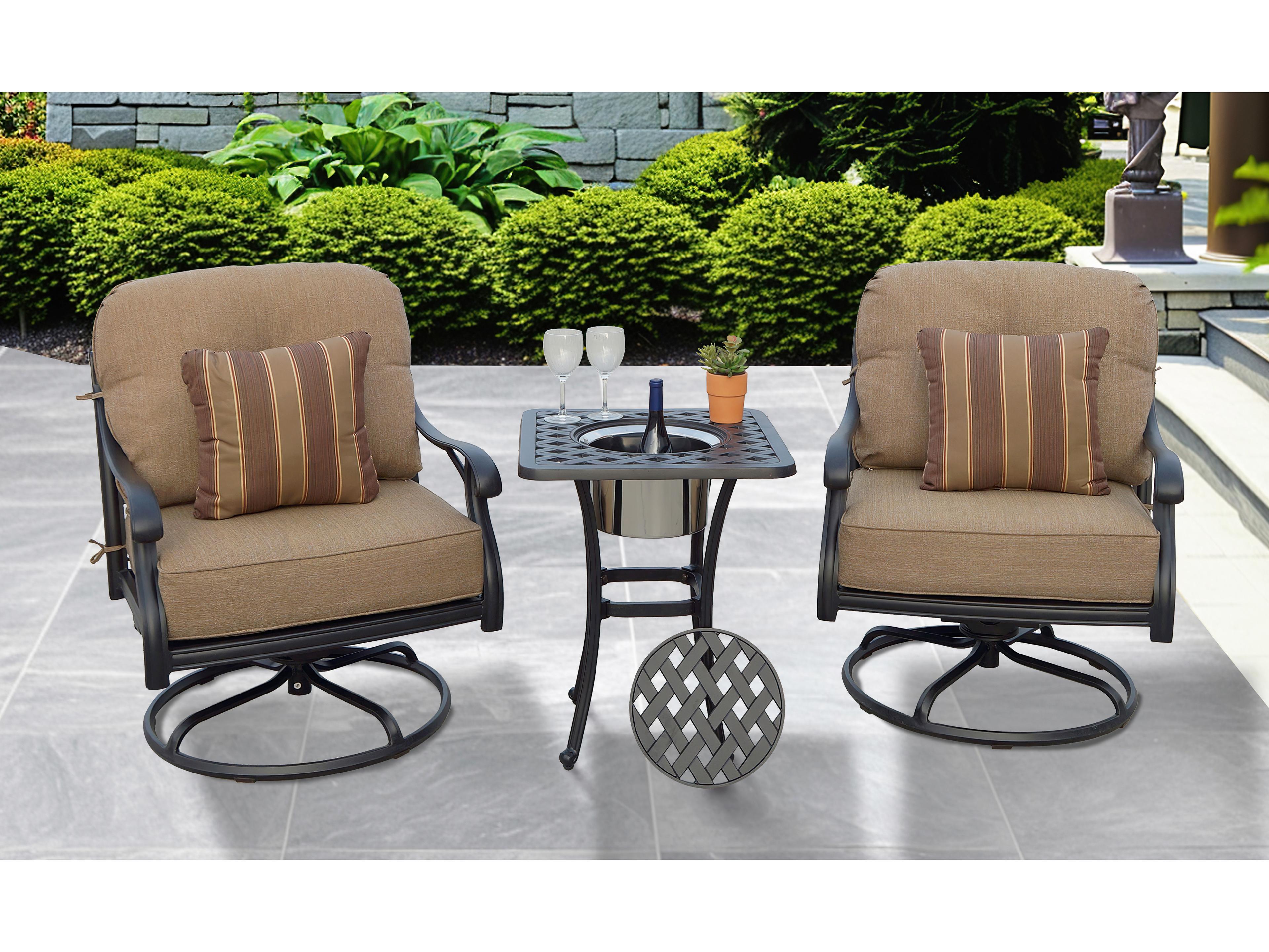 Darlee Outdoor Living Nassau Cast Aluminum Antique Bronze 3 Piece Lounge Set in Sesame Cushions with 21'' Wide Bucket End Table and Pillows