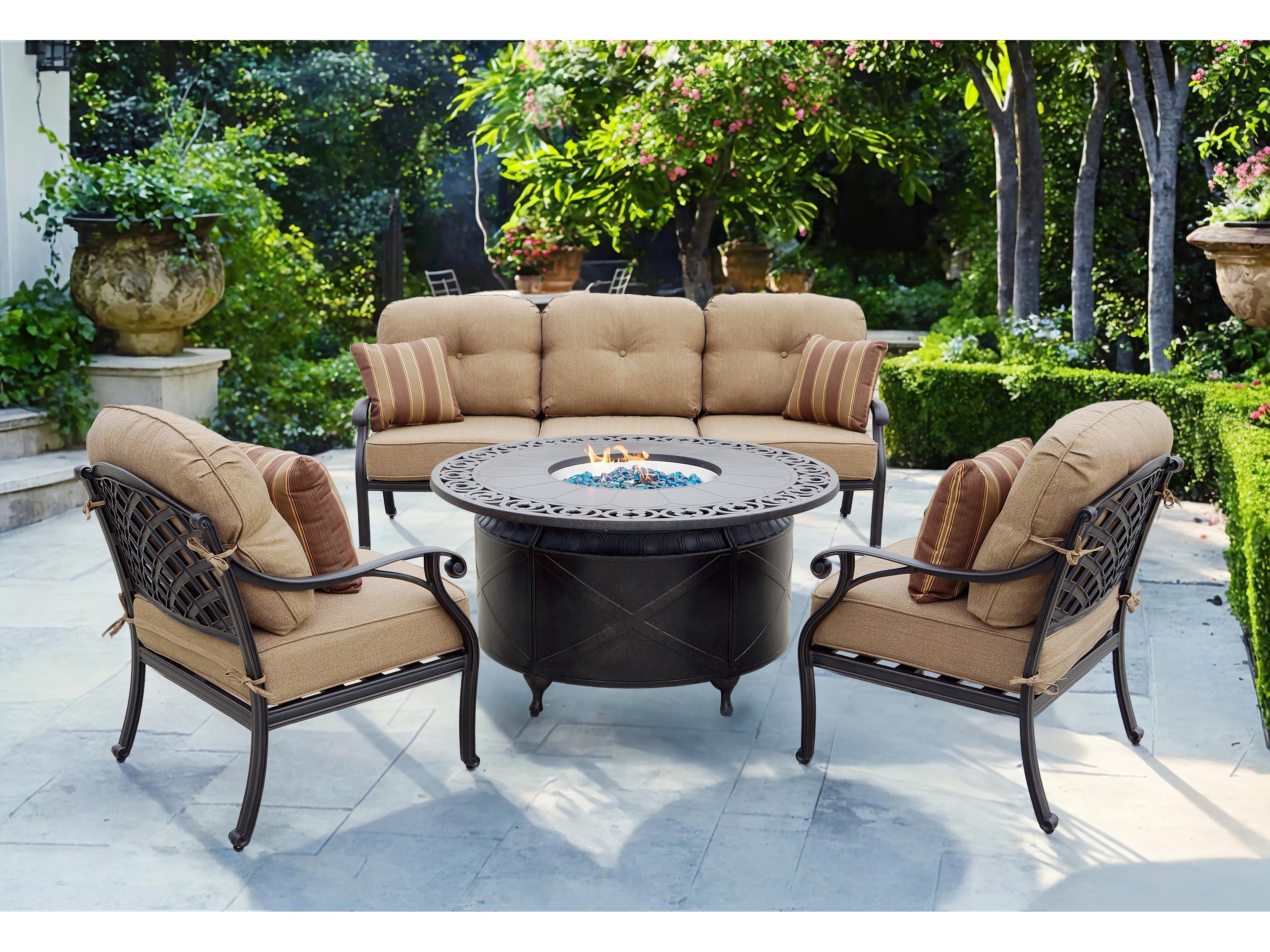 Darlee Outdoor Living Nassau Cast Aluminum Antique Bronze 4 Piece Fire Pit Lounge Set in Sesame Cushions with 47'' Wide Round Fire Pi Table and Fireglass
