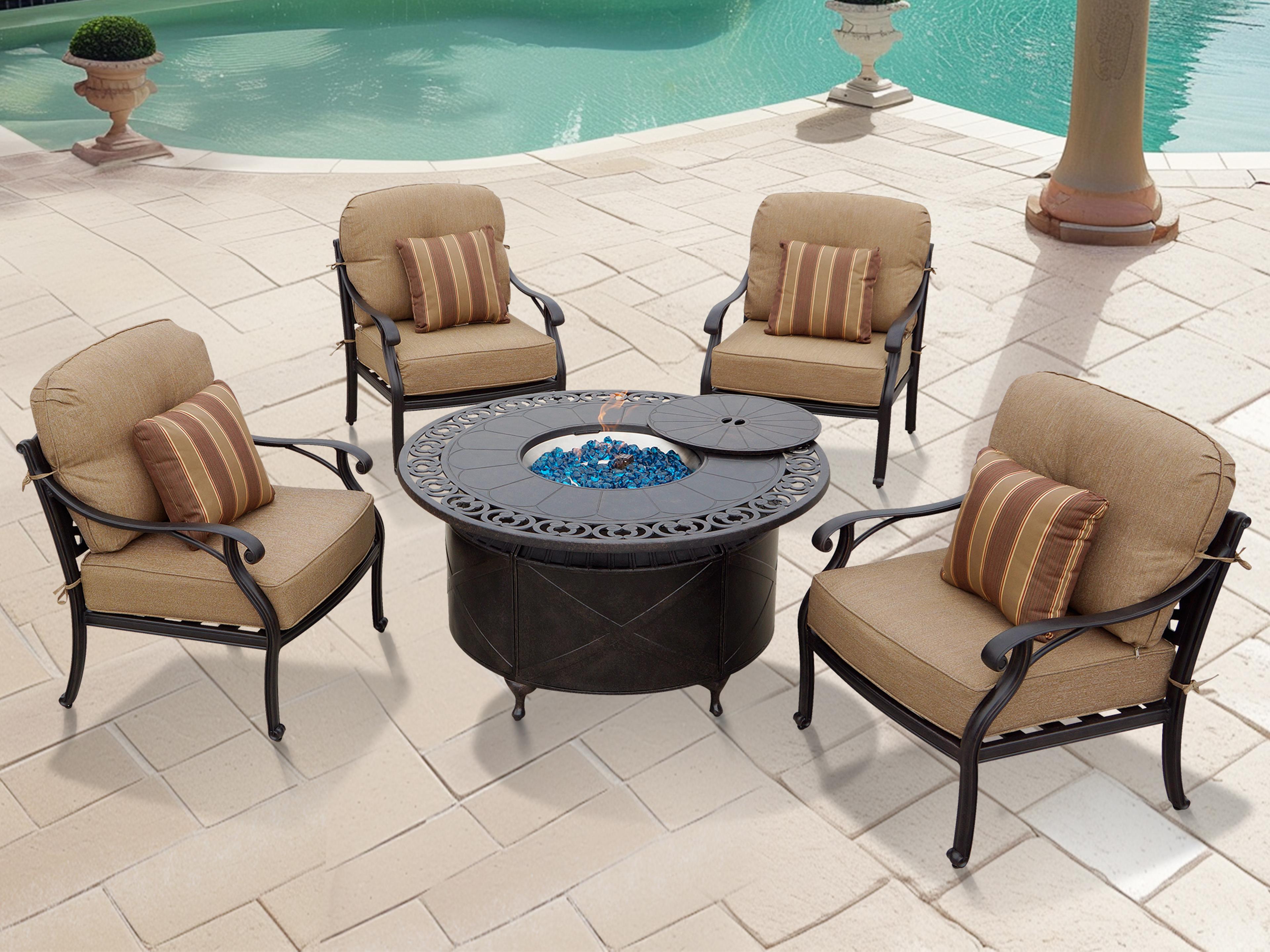 Darlee Outdoor Living Nassau Cast Aluminum Antique Bronze 5 Piece Propane Fire Pit Lounge Set in Sesame Cushions with 47'' Wide Round Fire Pit Chat Table and Fireglass