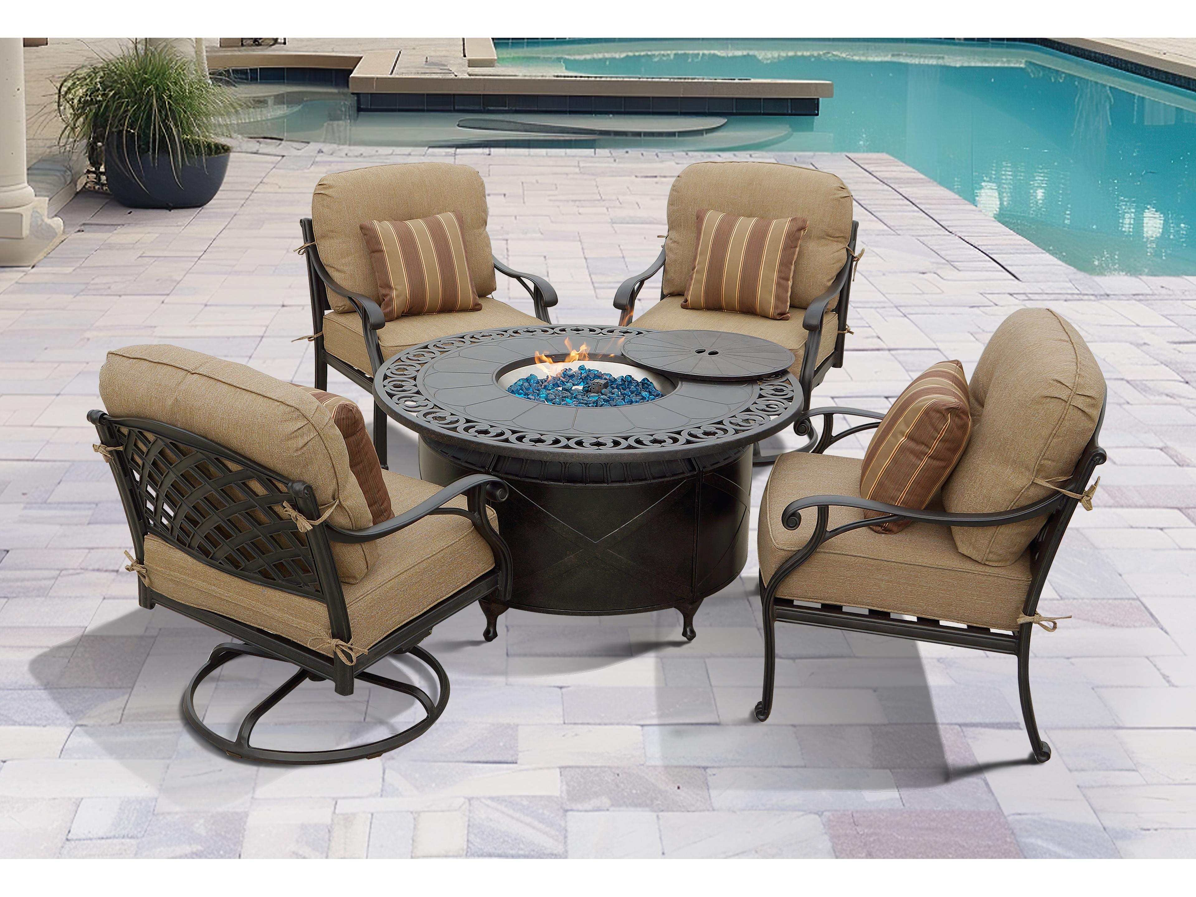 Darlee Outdoor Living Nassau Cast Aluminum Antique Bronze 5 Piece Propane Fire Pit Lounge Set in Sesame Cushionswith 47'' Wide Round Fire Pit Chat Table and Fireglass