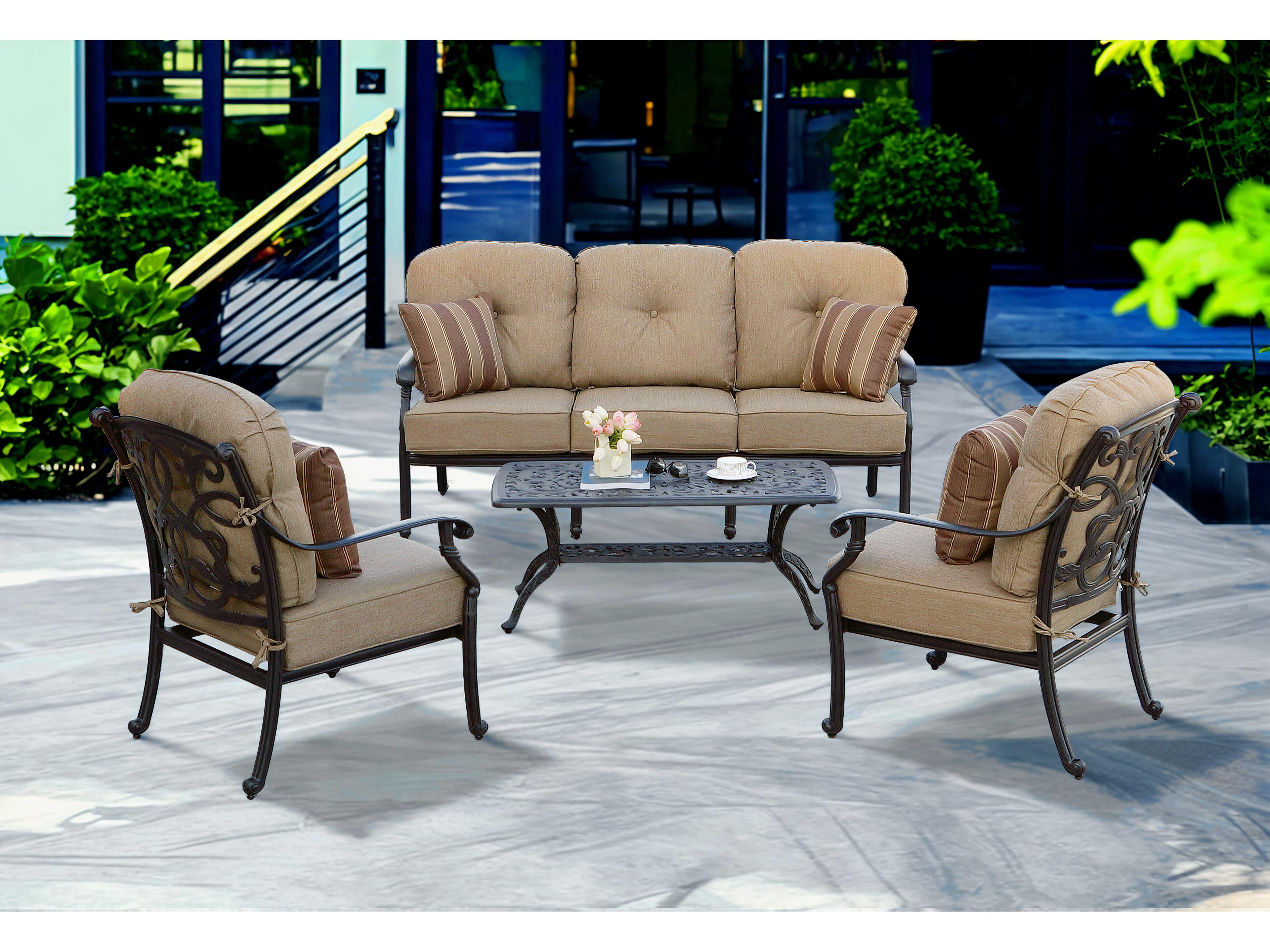 Darlee Outdoor Living Santa Monica Cast Aluminum Antique Bronze Series 80 4 Piece Lounge Set in Sesame Cushions with 42''W x 21''D Rectangular Coffee Table