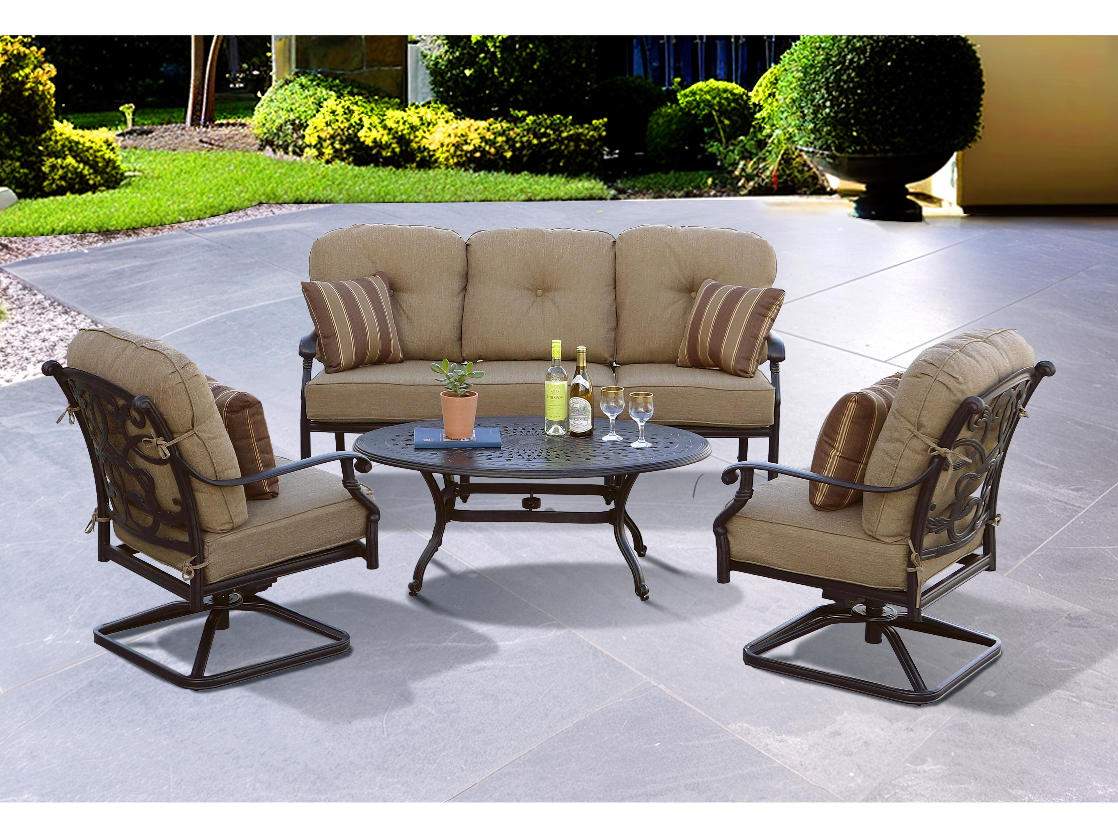 Darlee Outdoor Living Santa Monica Cast Aluminum Antique Bronze 4 Piece Lounge Set in Sesame Cushions with 42''W x 21''D Oval Coffee Table