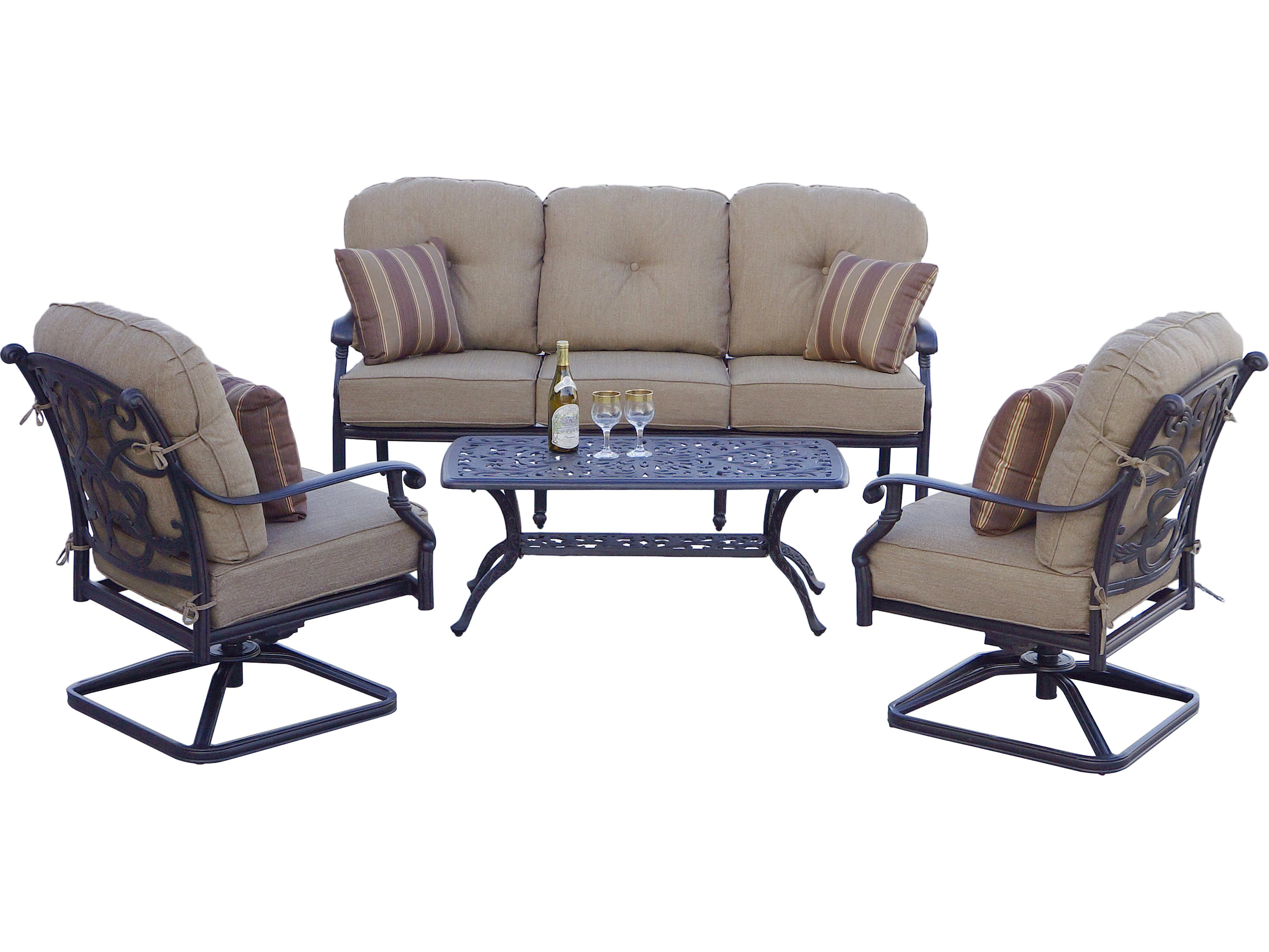 Darlee Outdoor Living Santa Monica Cast Aluminum Antique Bronze Series 80 4 Piece Lounge Set in Sesame Cushions with 42''W x 21''D Rectangular Coffee Table