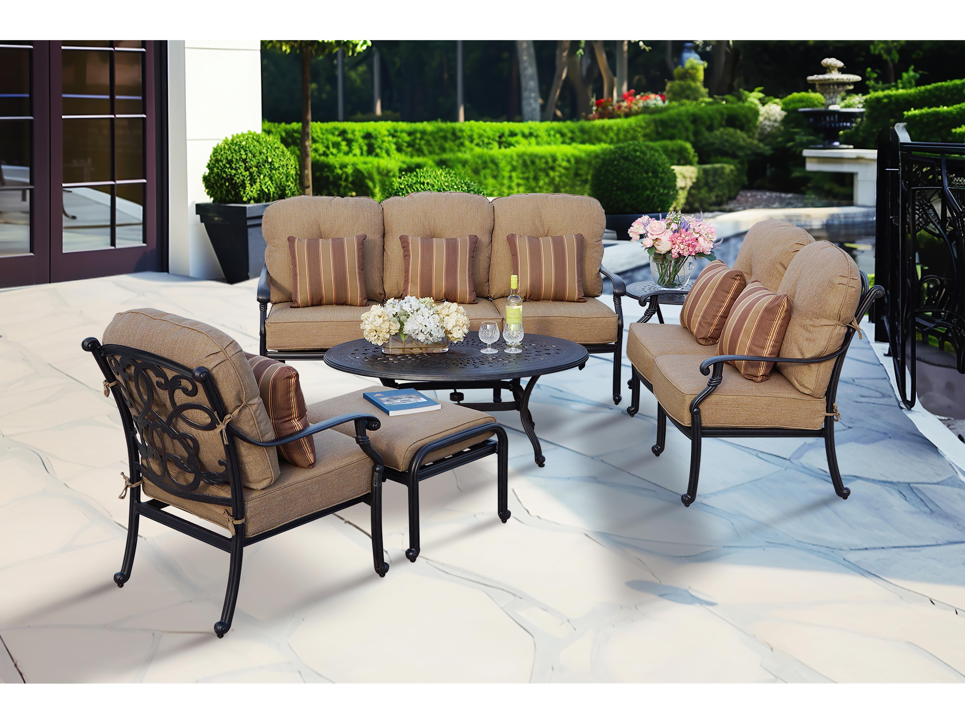 Darlee Outdoor Living Santa Monica Cast Aluminum Antique Bronze 6 Piece Pit Lounge Set in Sesame Cushions with 46''W x 31''D Oval Coffee Table